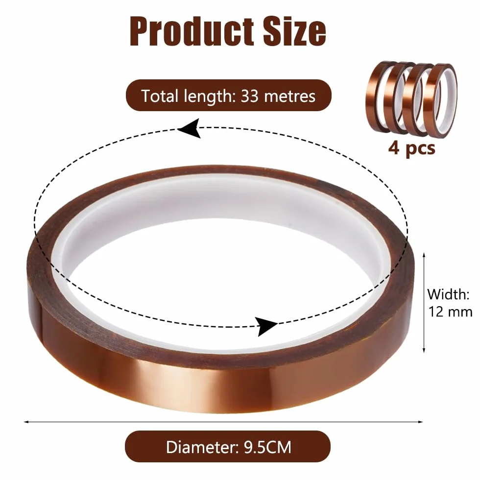 4 rolki taśmy klejącej odpornej na wysokie temperatury, 12 mm x 33 m, taśma klejąca z poliimidu, odporna na wysokie temperatury bez pozostałości, do maskowania, lutowania, sublimacji, przenoszenia