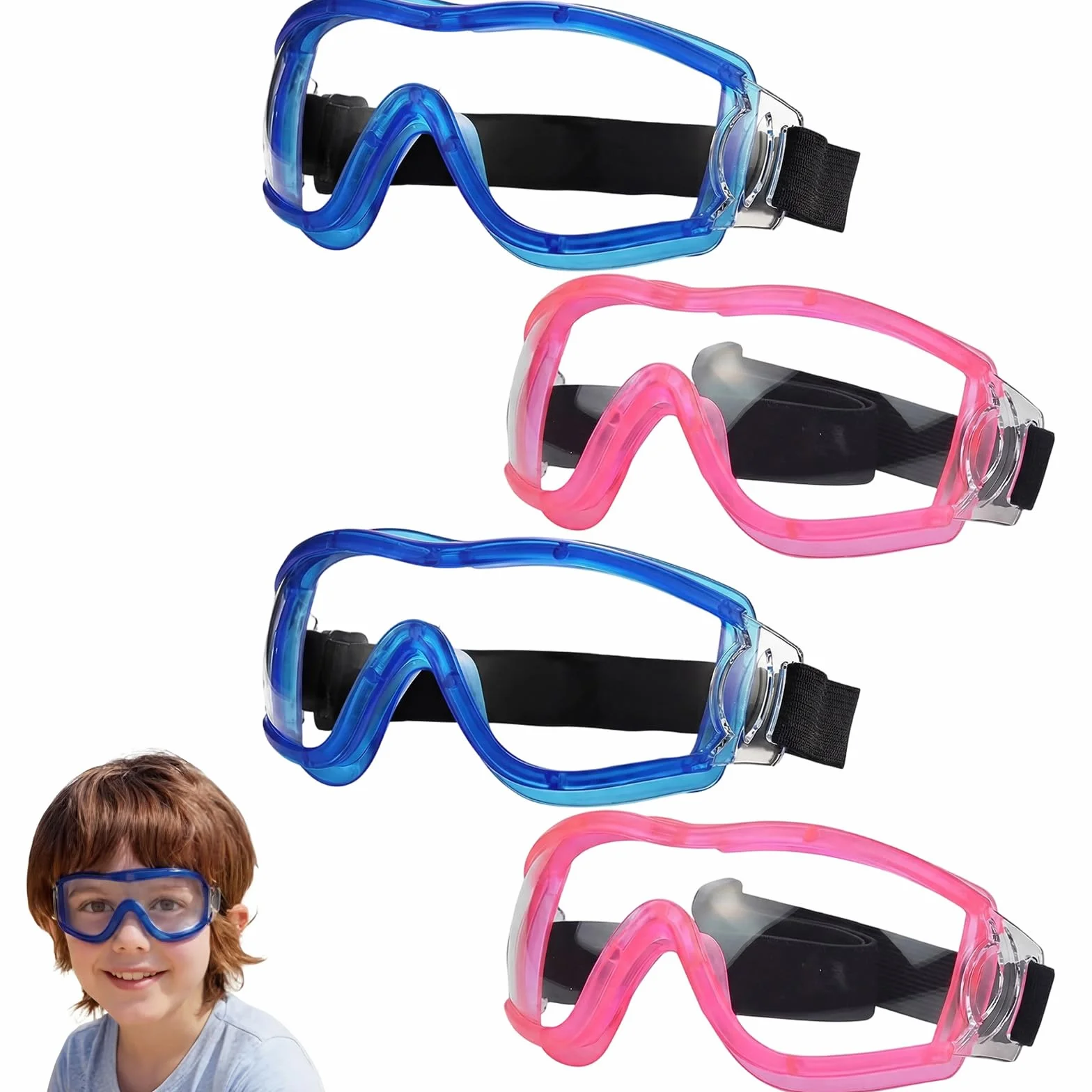 4 sztuki okularów ochronnych dla dzieci do zabawy Nerf, okulary dla dzieci, odporne na uderzenia soczewki, przeciwmgielne, z regulowanym paskiem, dopasowanie na lata (różowe + niebieskie)