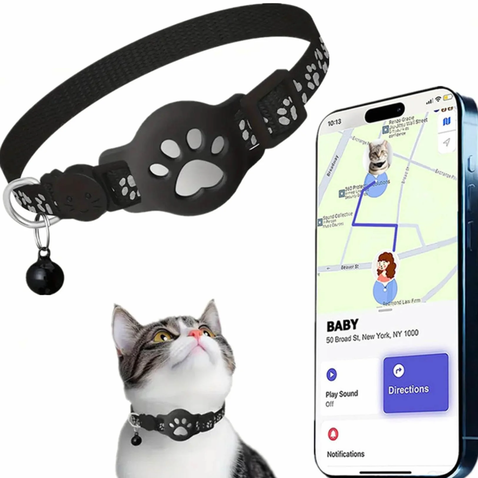 Obroża GPS do śledzenia kotów, obroża GPS dla kotów i psów, bez abonamentu i SIM, kompatybilna z iOS, IPX5 odporny na rozpryski (iOS, czarny)