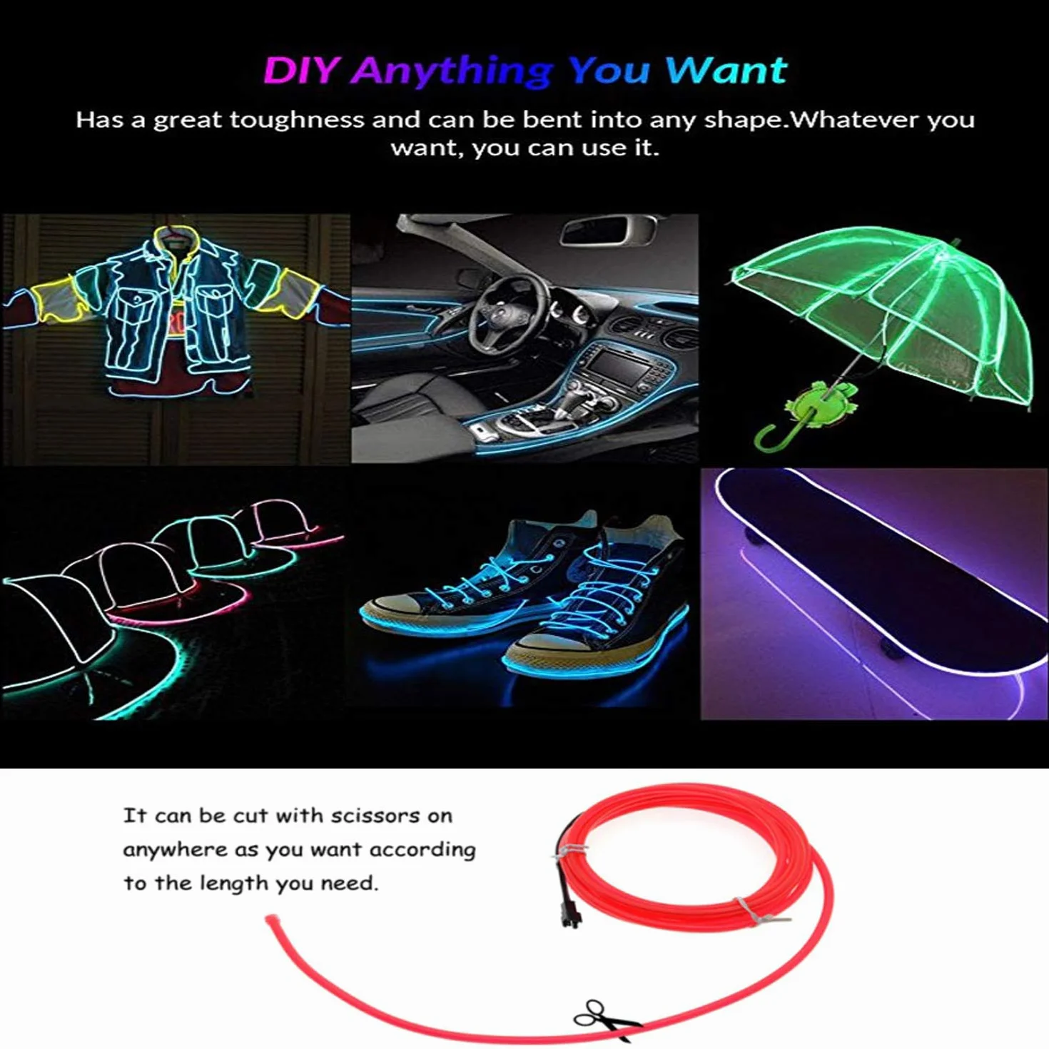 Neonowa świecąca lampa elektroluminescencyjna, super jasna, zasilana bateriami, kabel EL, do sukienki cosplay, na festiwal, Halloween, Boże Narodzenie, imprezę, karnawał, dekoracja