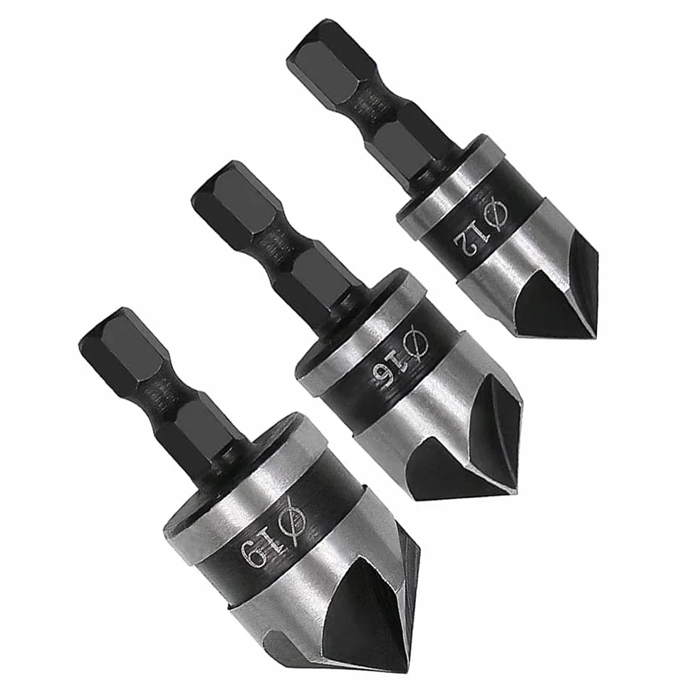 6 sztuk frez do fazowania 90 stopni, 5 fletów frez do fazowania, wiertło do fazowania ze stali węglowej, narzędzia do fazowania, do wiercenia i fazowania (12 mm, 16 mm, 19 mm)