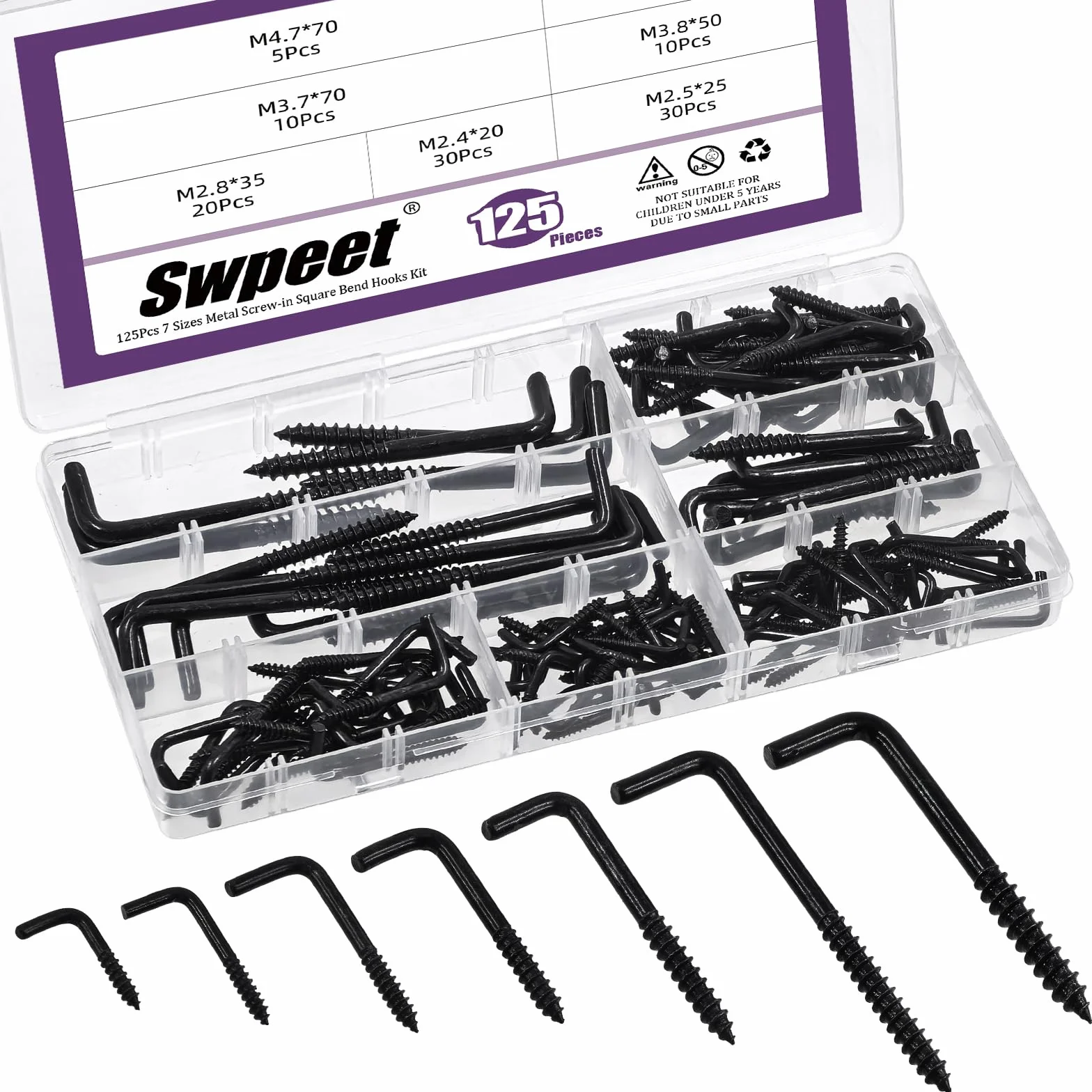 Swpeet 125 szt. 7 rozmiarów czarny metalowy wkręcany kwadratowy zestaw haków zginanych, kwadratowe haczyki zginane w kształcie litery L, śruby samogwintujące, haczyki typu L, ramka na zdjęcia, hak