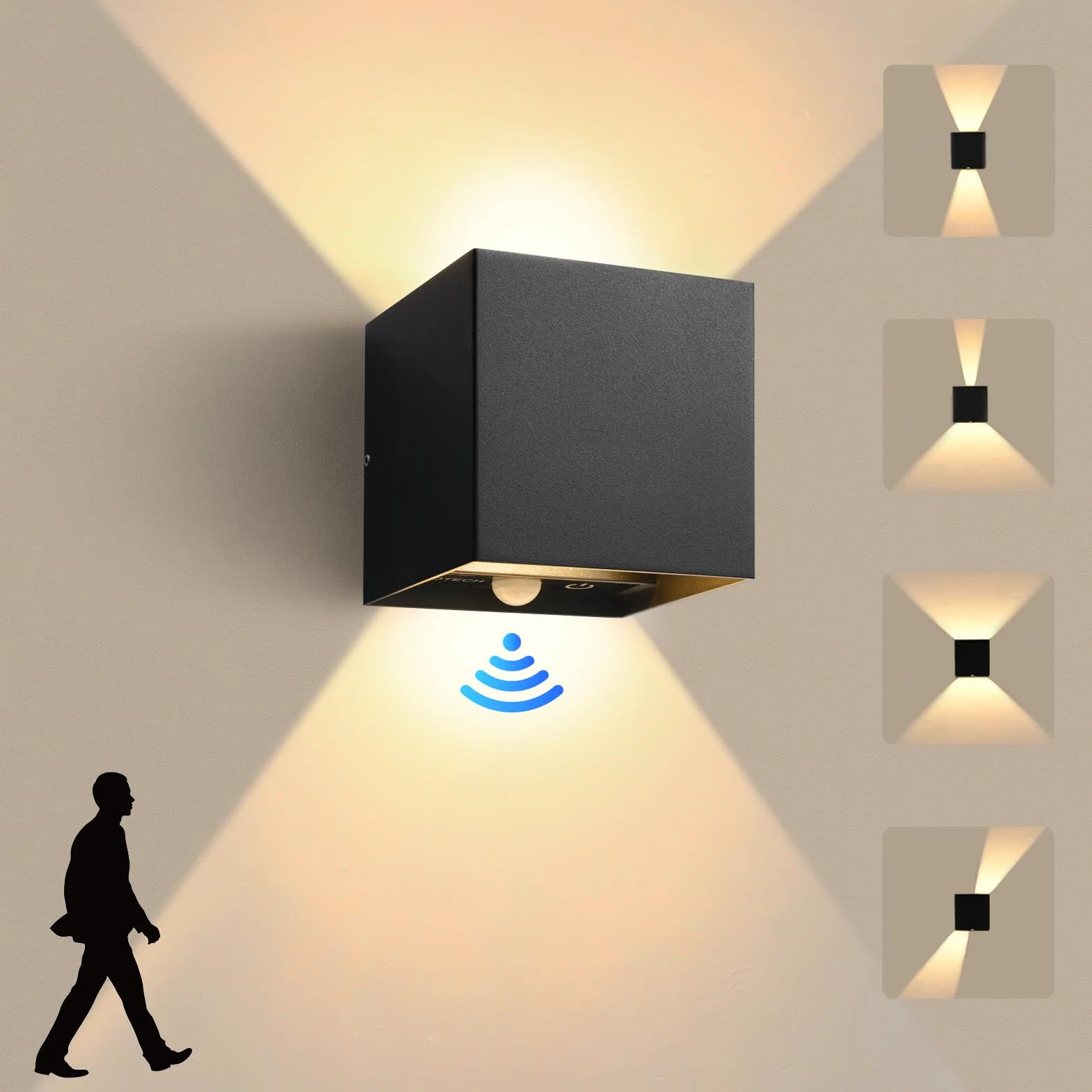 KYOTECH 1 lampa ścienna z czujnikiem ruchu, 12 W, wodoodporna lampa ścienna, IP65, 1320 lm, czarna, regulowany kąt wiązki, oświetlenie wewnętrzne/zewnętrzne, ścienne z dotykowym sterowaniem