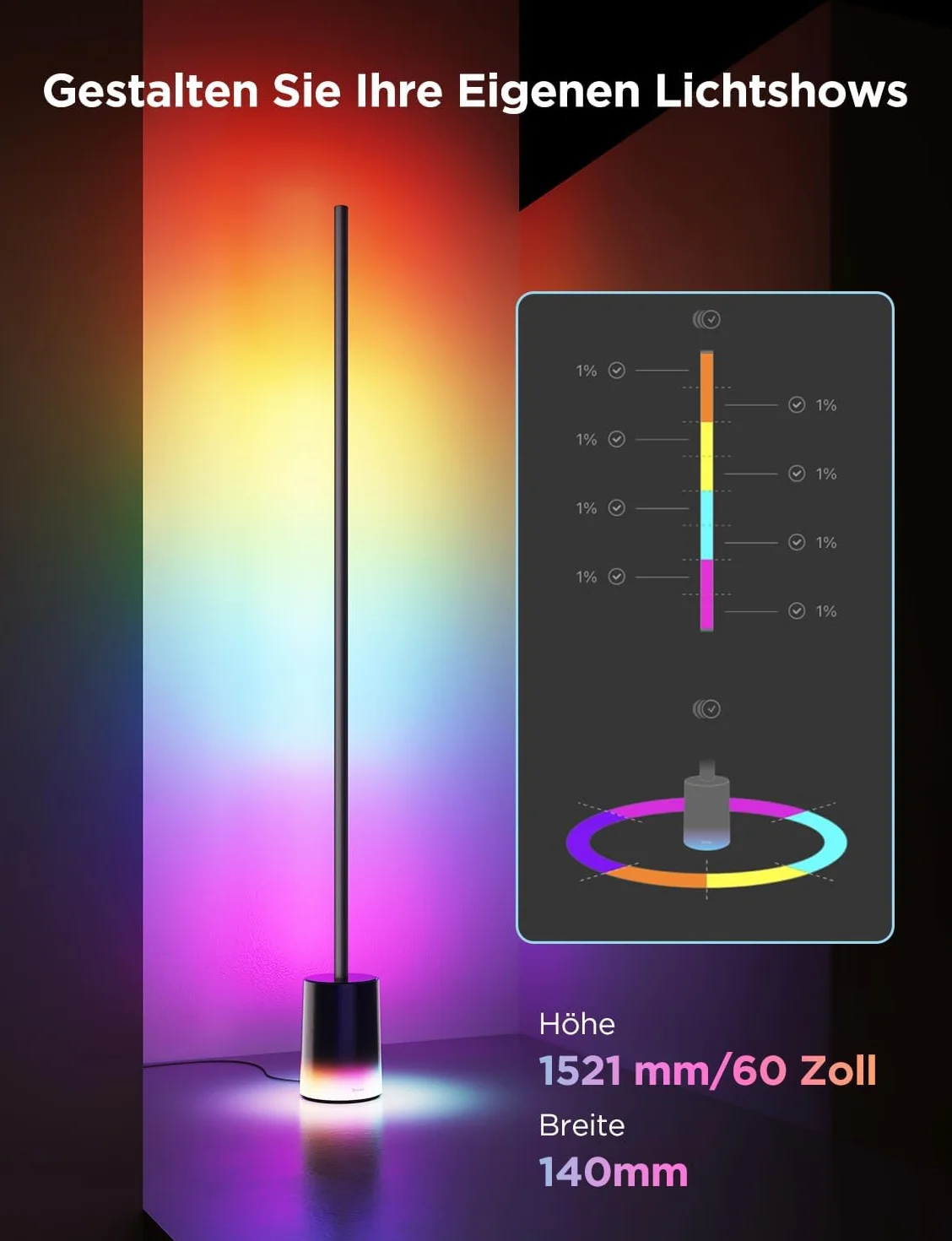 Govee Lampa stojąca LED, ściemniana, RGBIC, 1725 lm, do salonu, pracy z matą, 152 cm, RGBIC, nowoczesna czerń, 16 milionów kolorów, tryb muzyczny do dekoracji sypialni, pokoju zabaw