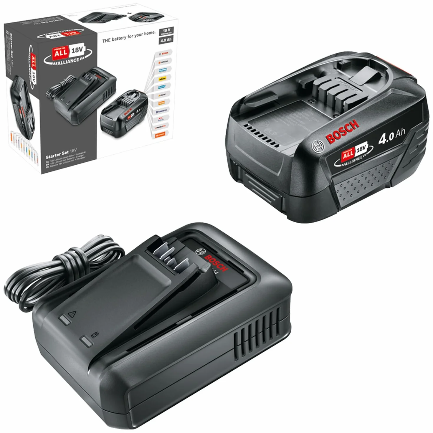 Bosch Starter Set 18V - akumulator i szybka ładowarka (1 akumulator Li-ion 4,0 Ah, szybka ładowarka POWER FOR ALL 18V Alliance)