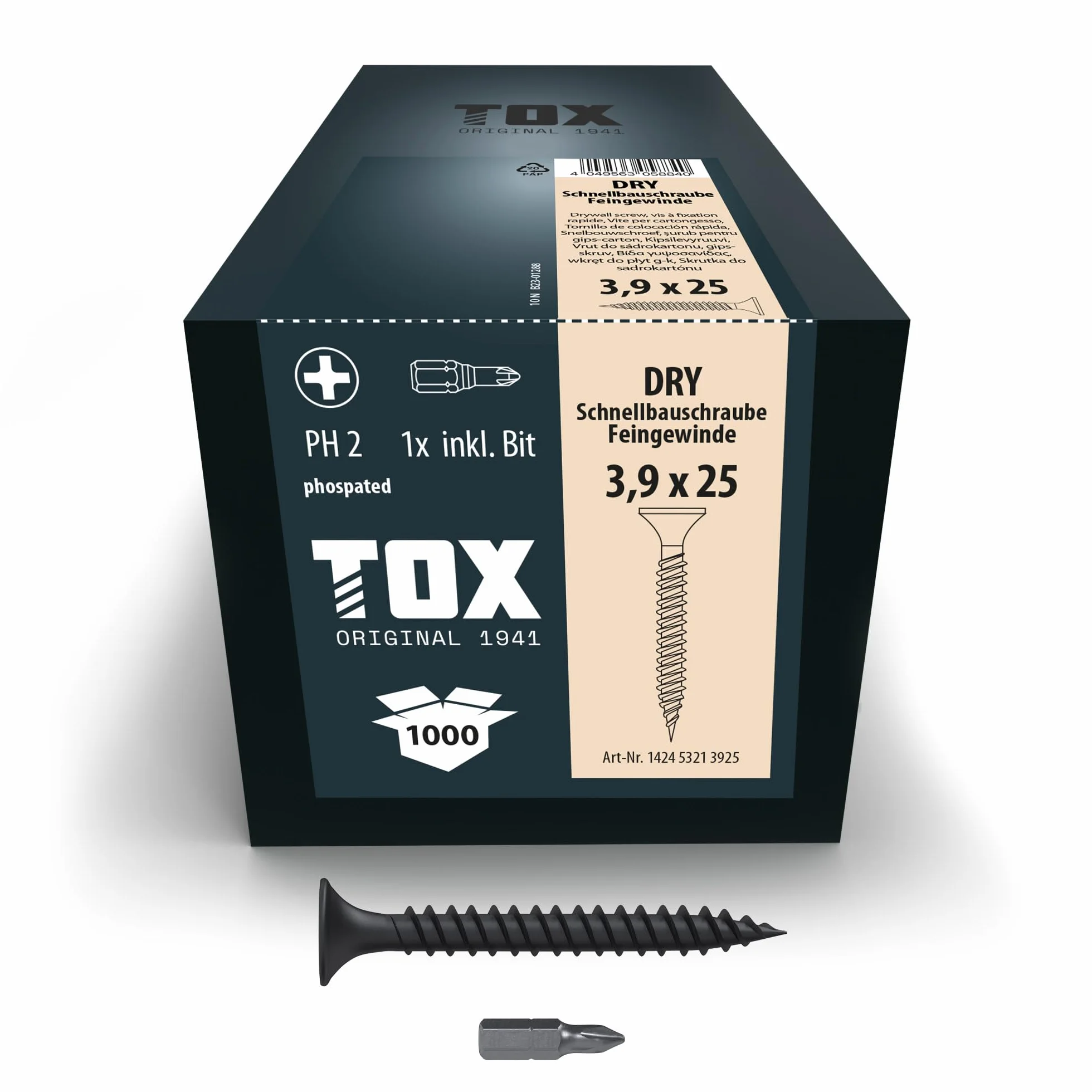 TOX Wkręty do szybkiego montażu DRY FG 3,9 x 25 mm, śruby czarne fosforanowane z głowicą trąbki + drobny gwint, płyta gipsowo-kartonowa na metalowej konstrukcji podłoży, PH2, 1000 sztuk, w zestawie 1