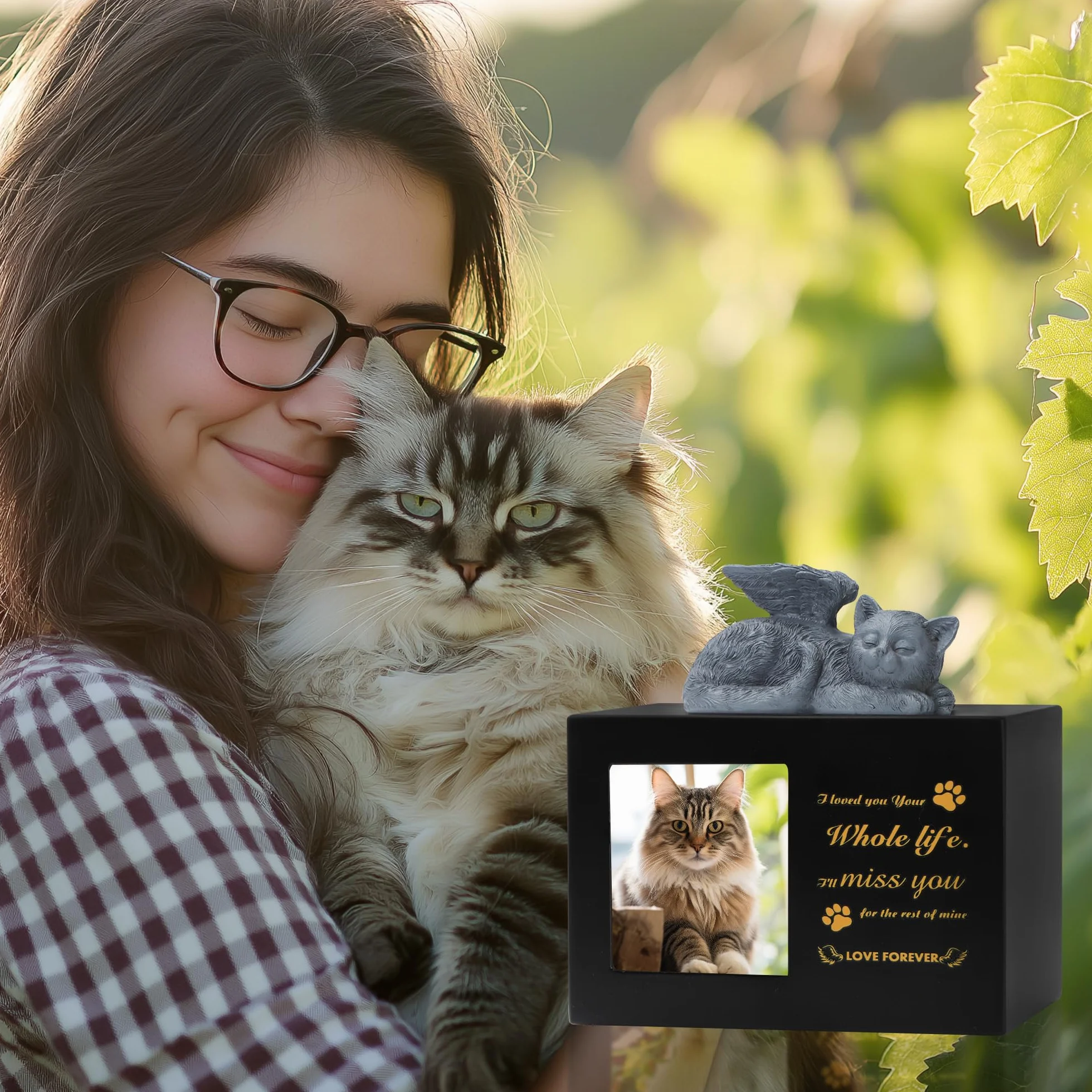 Pet Urns for Cat, Pet Memory Box, Black Wooden Cat Urns for Ashes, w zestawie z figurką kota z żywicy i aksamitną torbą do przechowywania prochów