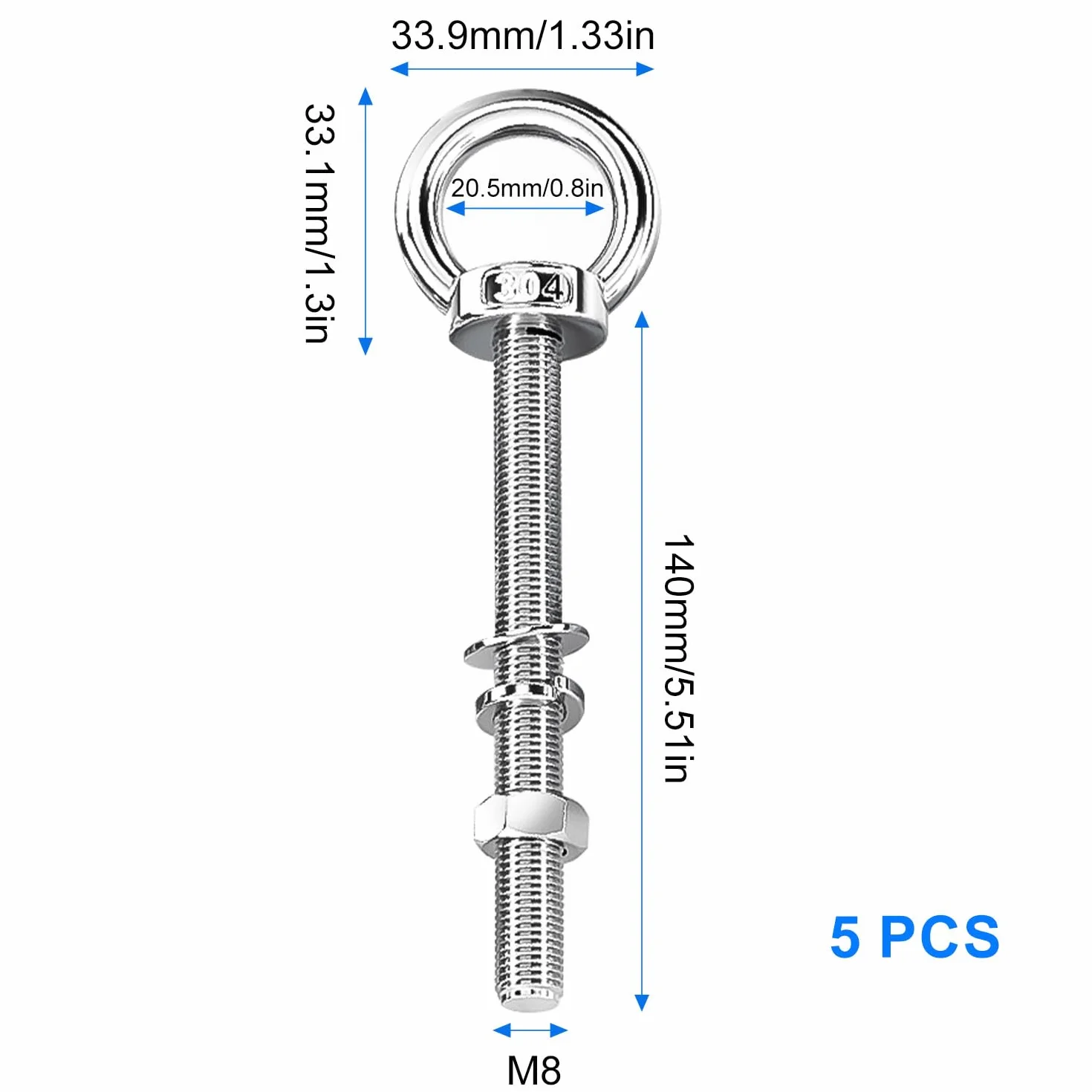 5 sztuk śrub oczkowych długich M8 × 140 mm, śruba z oczkami ze stali nierdzewnej, zdejmowane śruby oczkowe, z podkładkami i nakrętkami sześciokątnymi, do mocowania i zawieszenia (kolor srebrny)