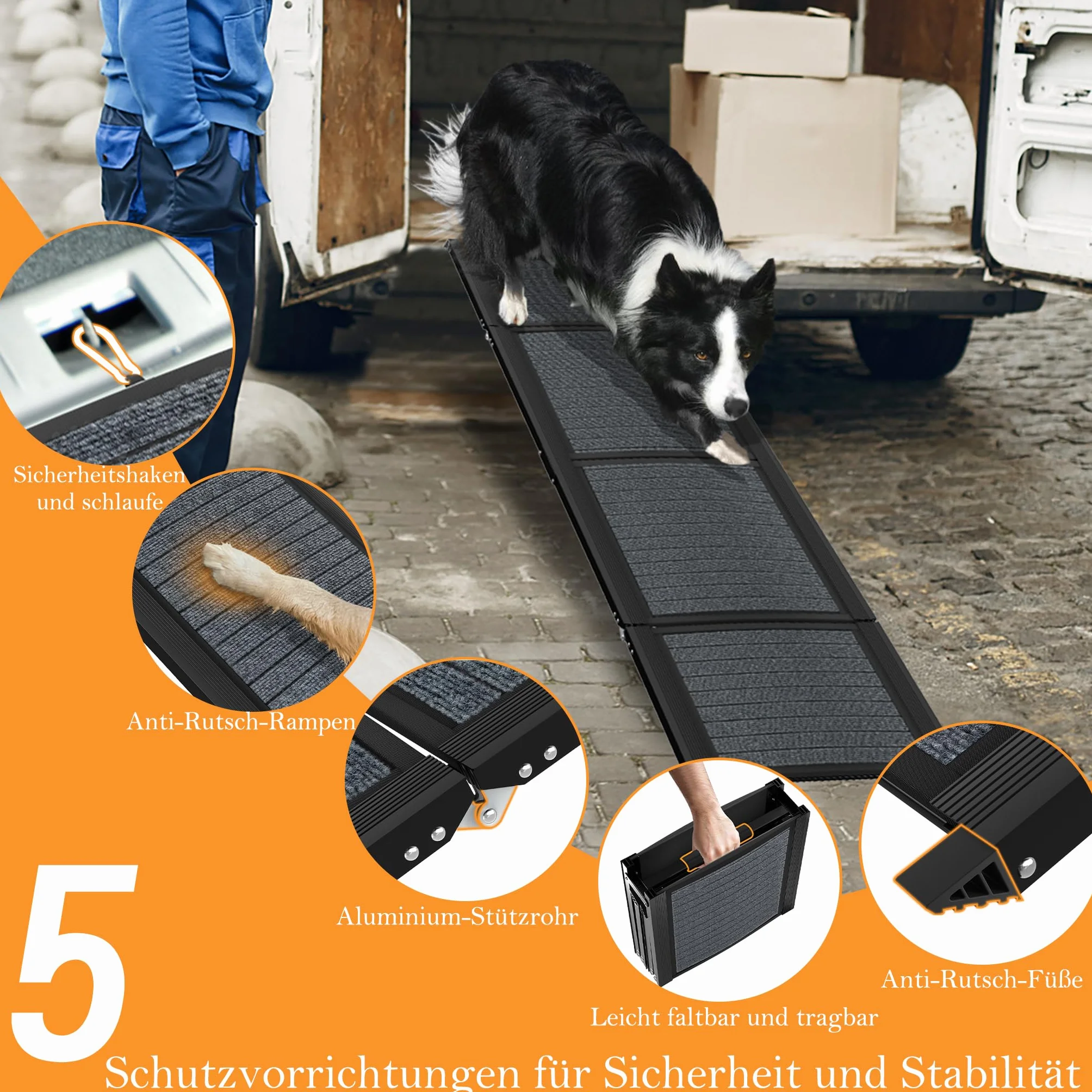XMTECH Składana rampa dla psów, 157 cm, rampa samochodowa dla psów, do bagażnika, do samochodów, ciężarówek i SUV, do 110 kg, lekka, stabilna, antypoślizgowa, czarna