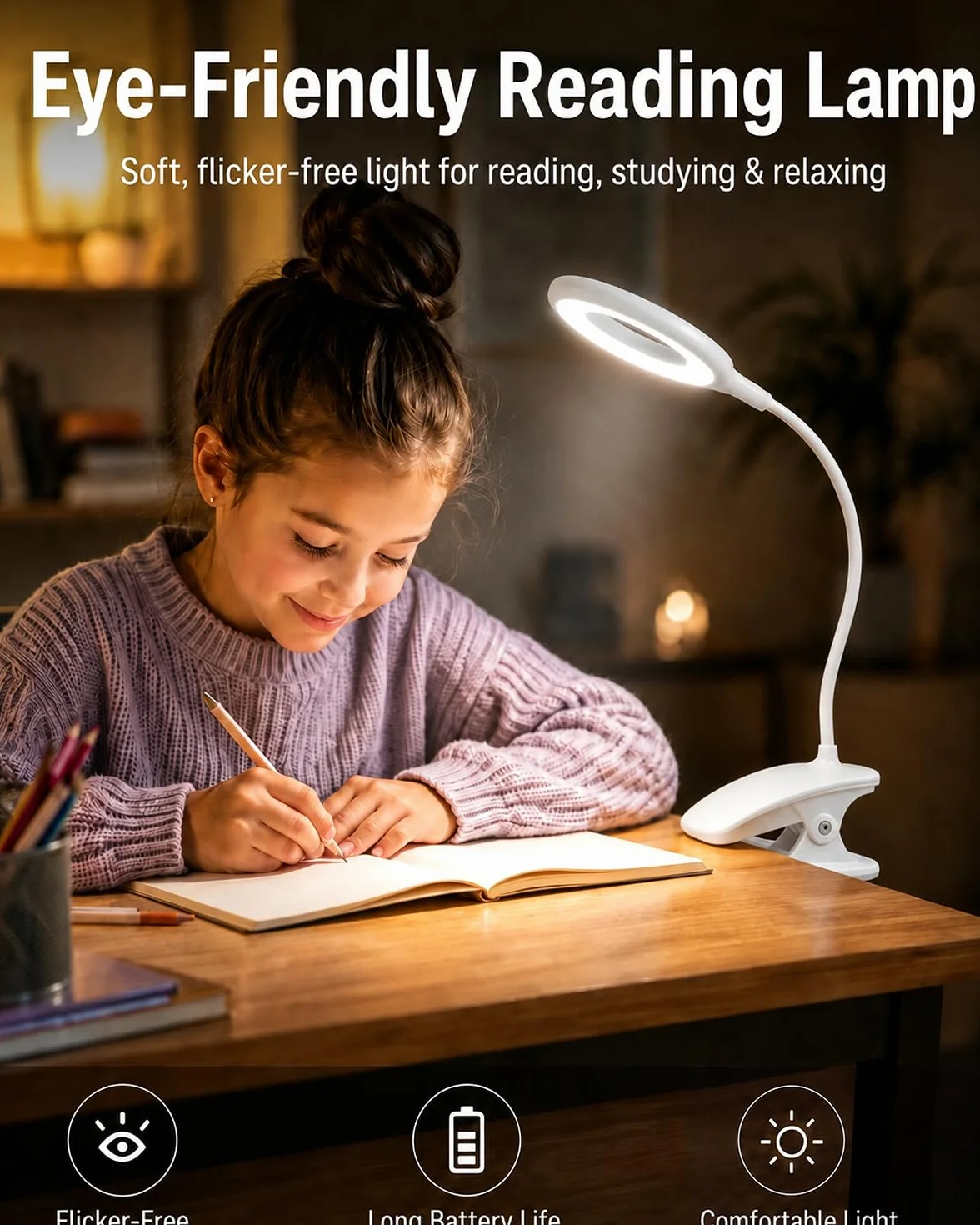 Lampka Zaciskowa do Łóżka dla Dzieci, LED Lampka do Czytania z Klipsem USB, 3 Kolory Światła, Dotykowe Ściemnianie, Lampka Nocna z Elastycznym Ramieniem do Pokoju Dziecka, Łóżka Piętrowego,biała