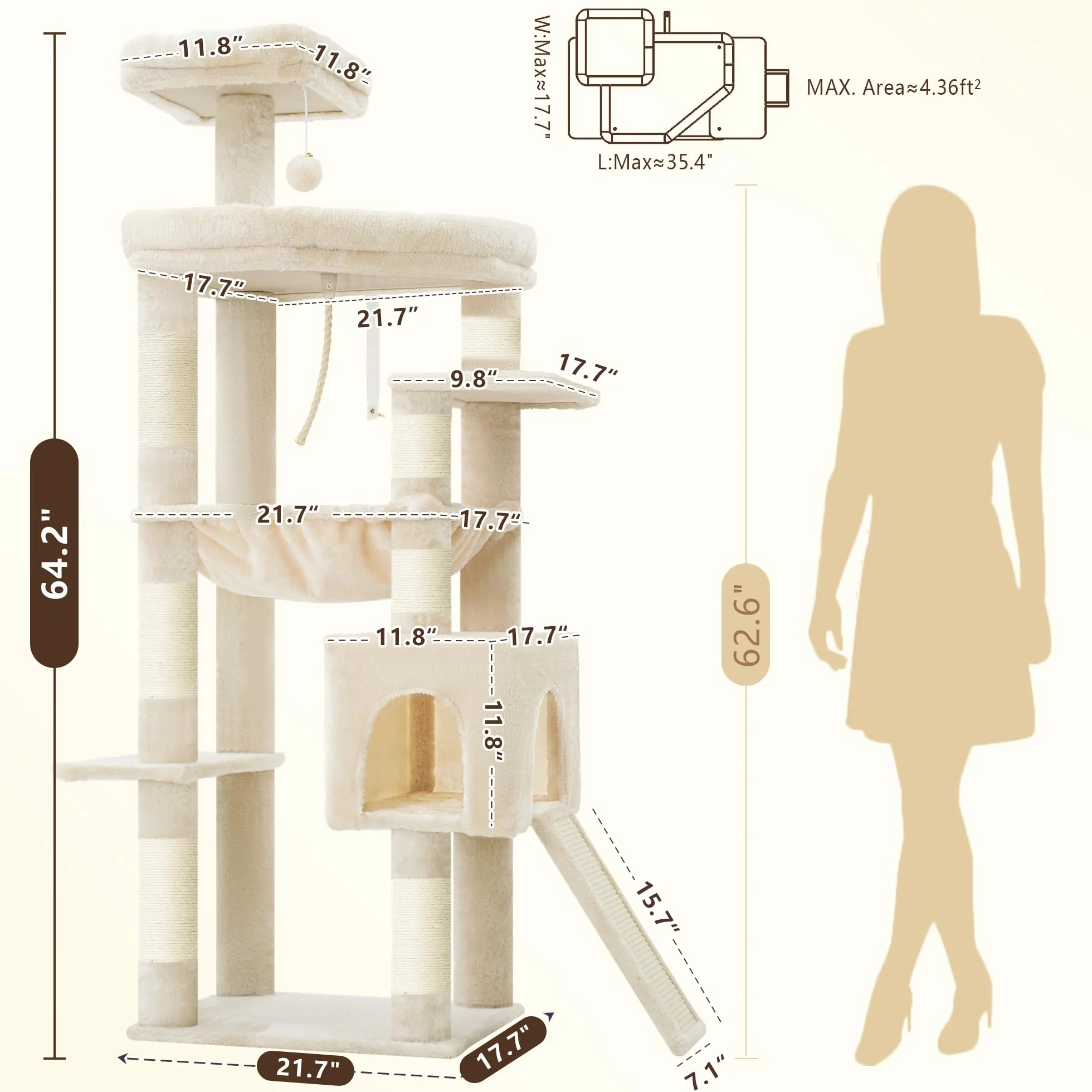 Heybly Duży Drapak Dla Kota 163 cm – Wysoki I Stabilny Drapak Z Poszerzoną Podstawą, Przestronną Dużą Półką, Bardzo Dużym Hamakiem, Słupem Sizalowym I Matą Sizalową, Domek, Beżowy HCT027M