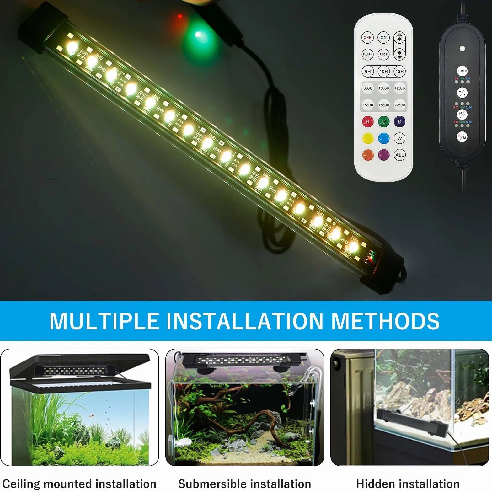 Oświetlenie akwarium, 10 W 24/7, tryb pełnego spektrum, lampa LED timer, dzień/noc i DIY 7 kolorów rośliny wodne, akwaria słodkowodne