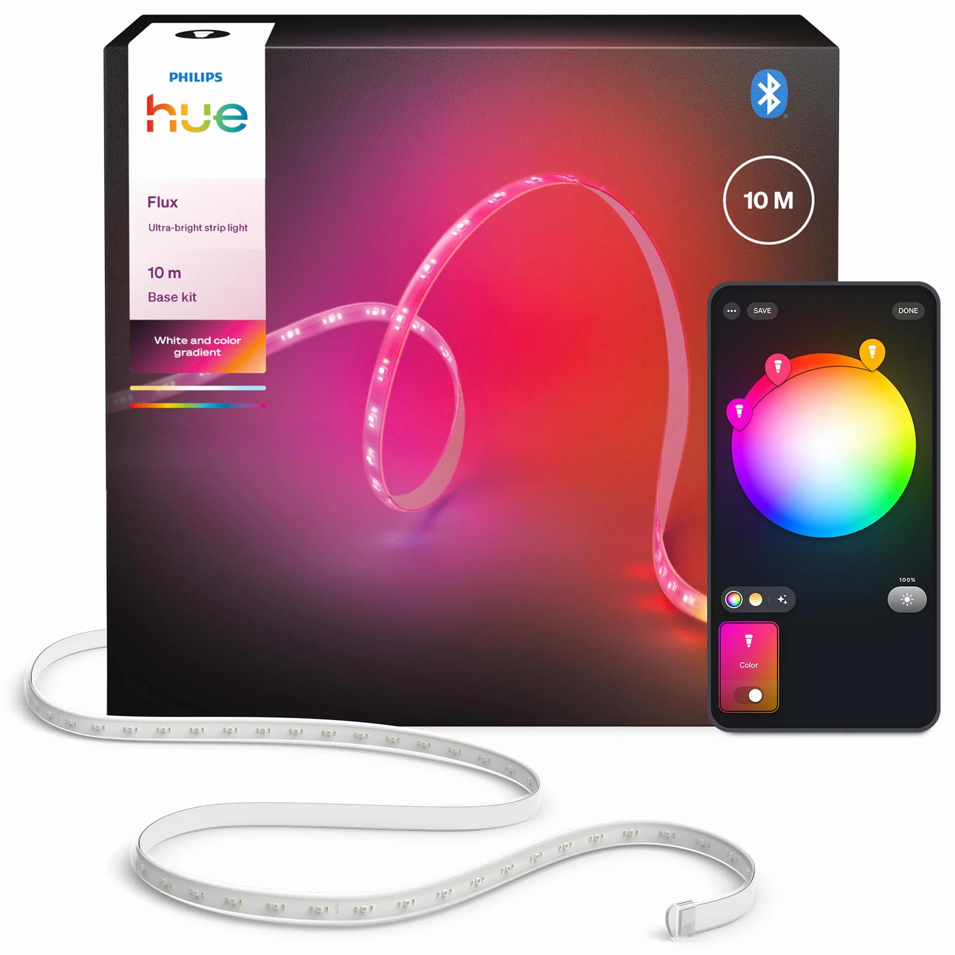Philips Hue Flux ultra-bright 10 m LED, 6000 lm, żywe kolory i atmosfera, Chromasync™, przycinanie i przedłużanie, sterowanie aplikacją i głosem, do wnętrz i na zewnątrz.