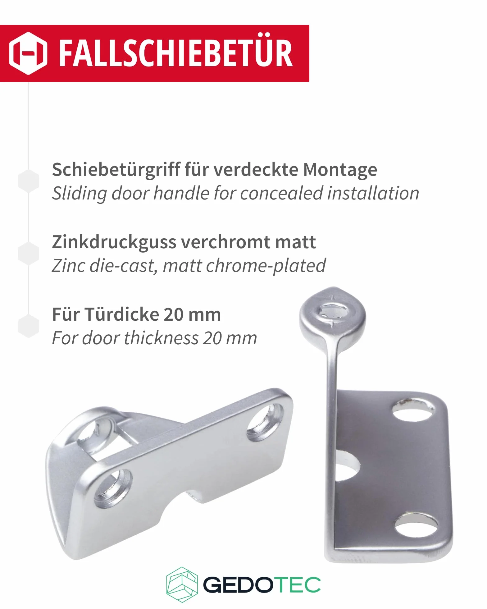 Gedotec Klamka do drzwi przesuwnych, 45 x 23 mm, 2 sztuki, stop cynku, adapter, składane i akordeonowe | Ukryte gałki do mebli i drzwi wejściowych o grubości 20 mm