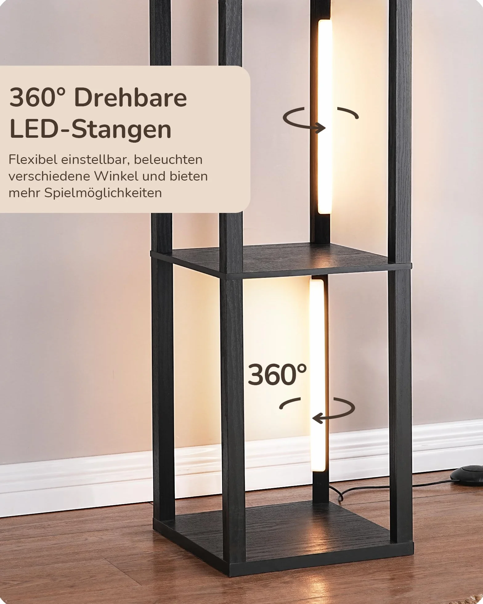 EDISHINE Lampa stojąca z regałem, możliwość ściemniania, 3 temperatury barwowe, 20 W, 1530 lumenów, 163 cm, regał narożny z obracanymi diodami LED o 360° i przełącznikiem nożnym, nowoczesne