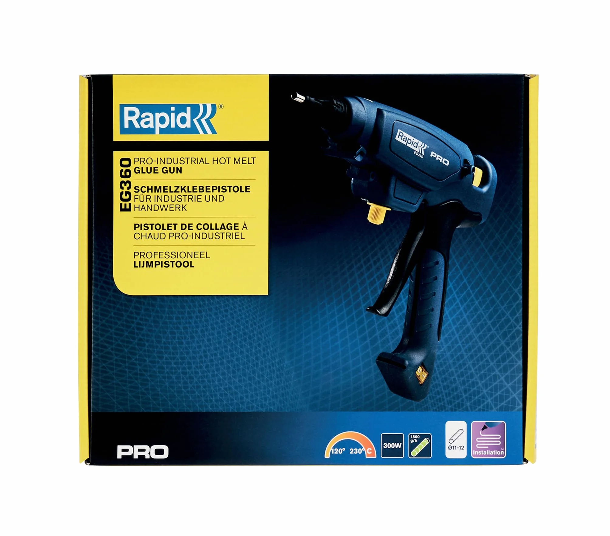 Rapid, Pistolet do Klejenia na Gorąco Rapid EG360, Sztyfty Klejowe 11–12 mm, Wydajność 1800 g/h, Regulacja Temperatury 120–230°C, Wymienna Dysza, Przewód 2,5 m (5000328)