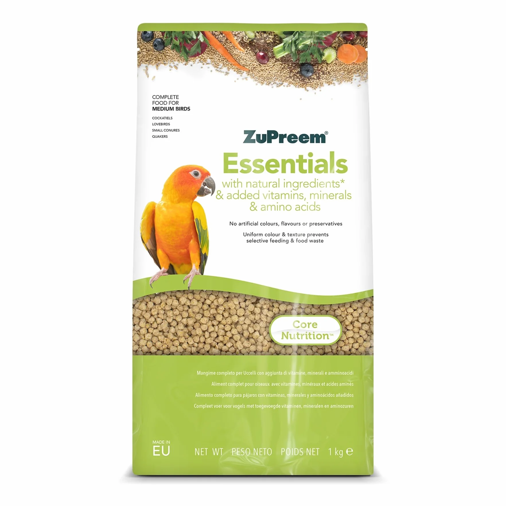 Zupreem Essentials karma dla ptaków domowych - naturalne składniki - karma dla ptaków odpowiednia dla zakochanych ptasiów, kakadu NINFA, argentyńskich Cotorras i innych średnich ptaków - 1 kg