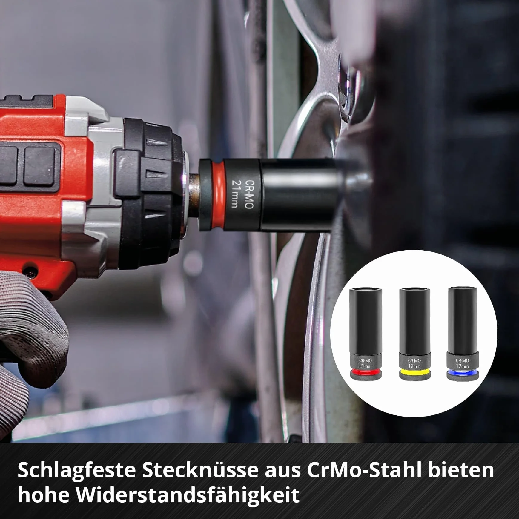 Oryginalny zestaw nasadek udarowych Einhell 5-częściowy (3 x 80 mm, stal CrMo, tuleja z tworzywa sztucznego, miernik głębokości bieżnika, kreda do opon, M-CASE, do felg aluminiowych)