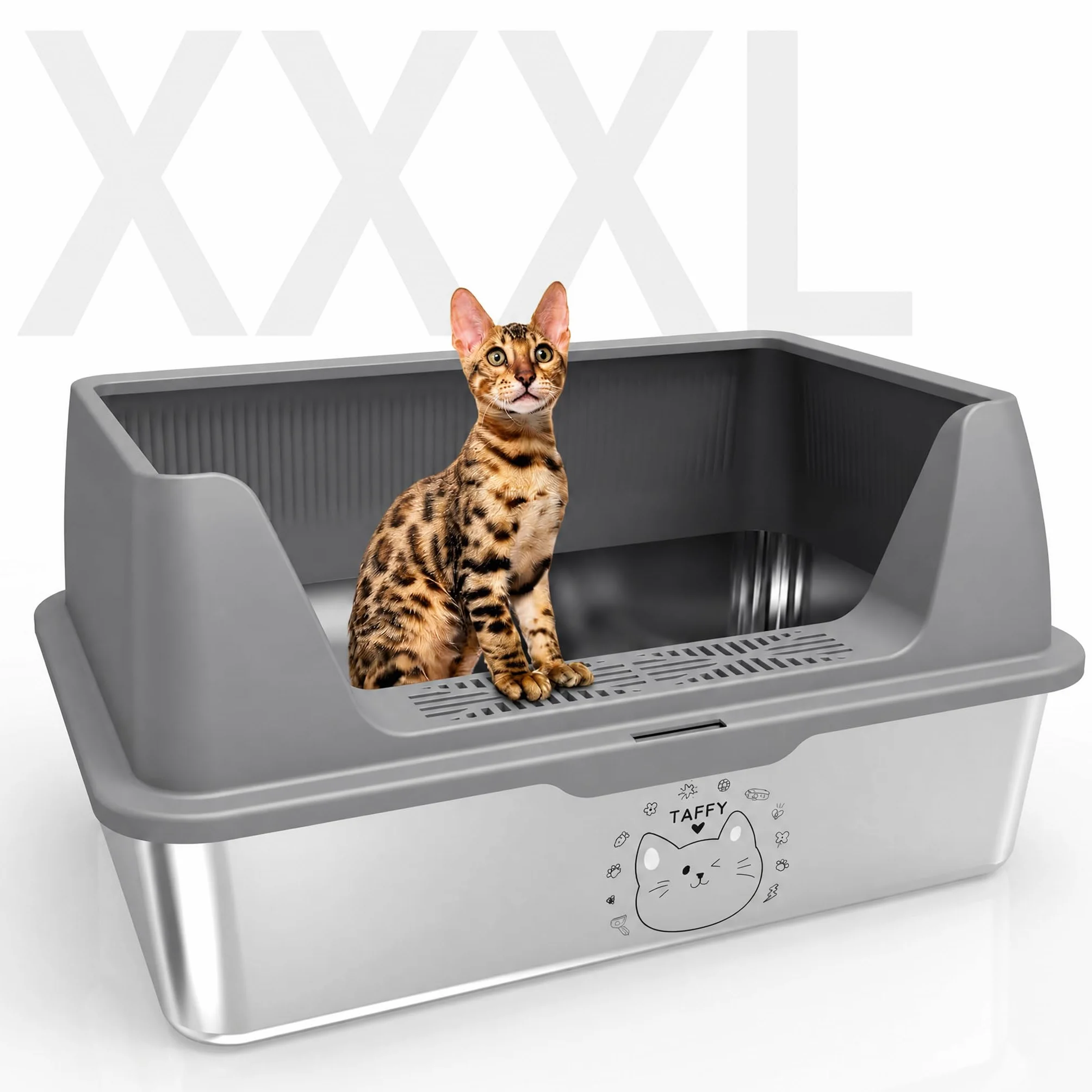 Kuweta dla kota ze stali nierdzewnej XXL z naklejką DIY, 20L kuweta dla kota ze stali nierdzewnej z pokrywką, duża pojemność, szczelna i odporna na rozpryski, łatwe wchodzenie i wychodzenie, łatwa do