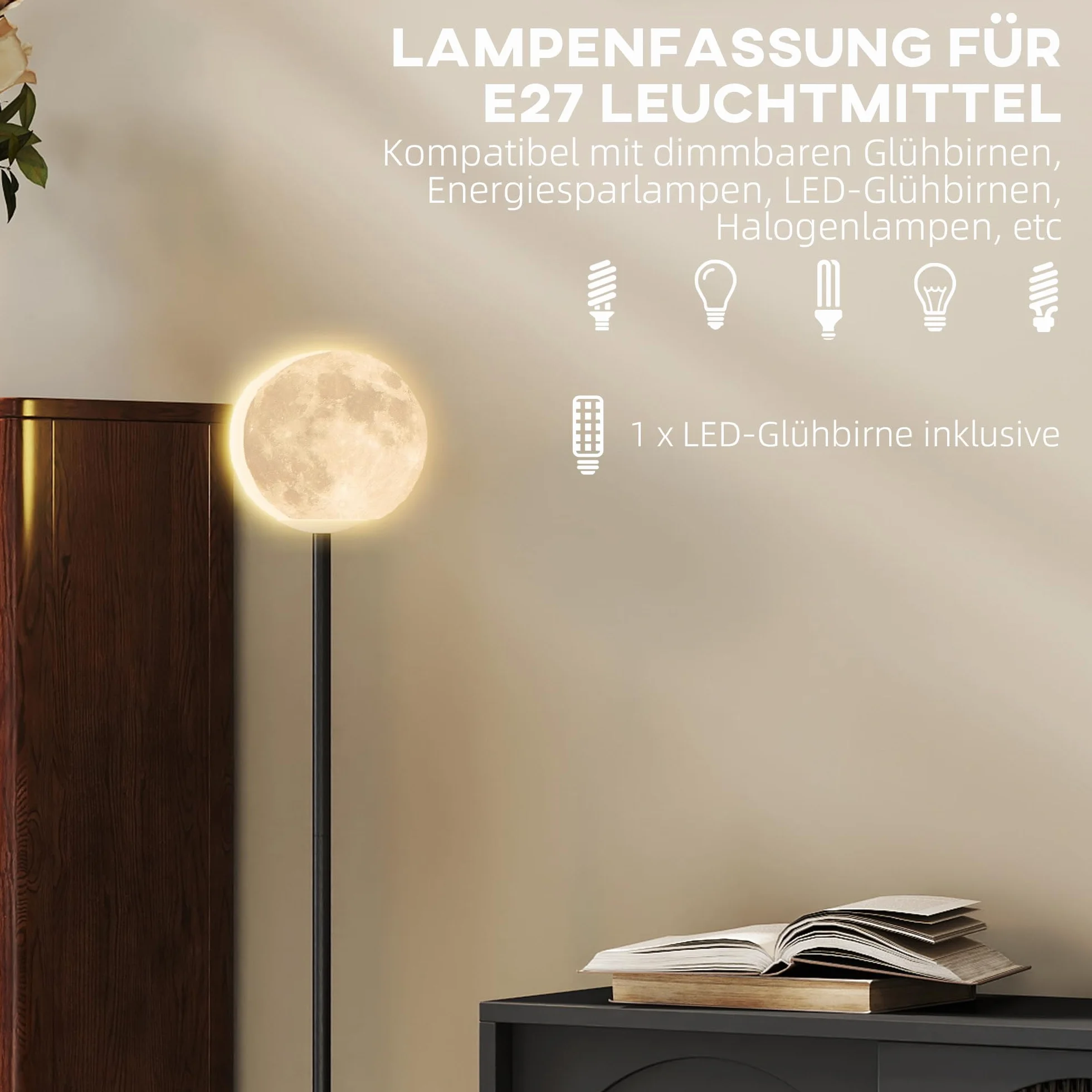 HOMCOM 3D Moon Floor Lamp, 140 cm Modern Standing Lamp with 3 Colours and Foot Switch for Living Room, Bedroom, LED Bulb Included, Black