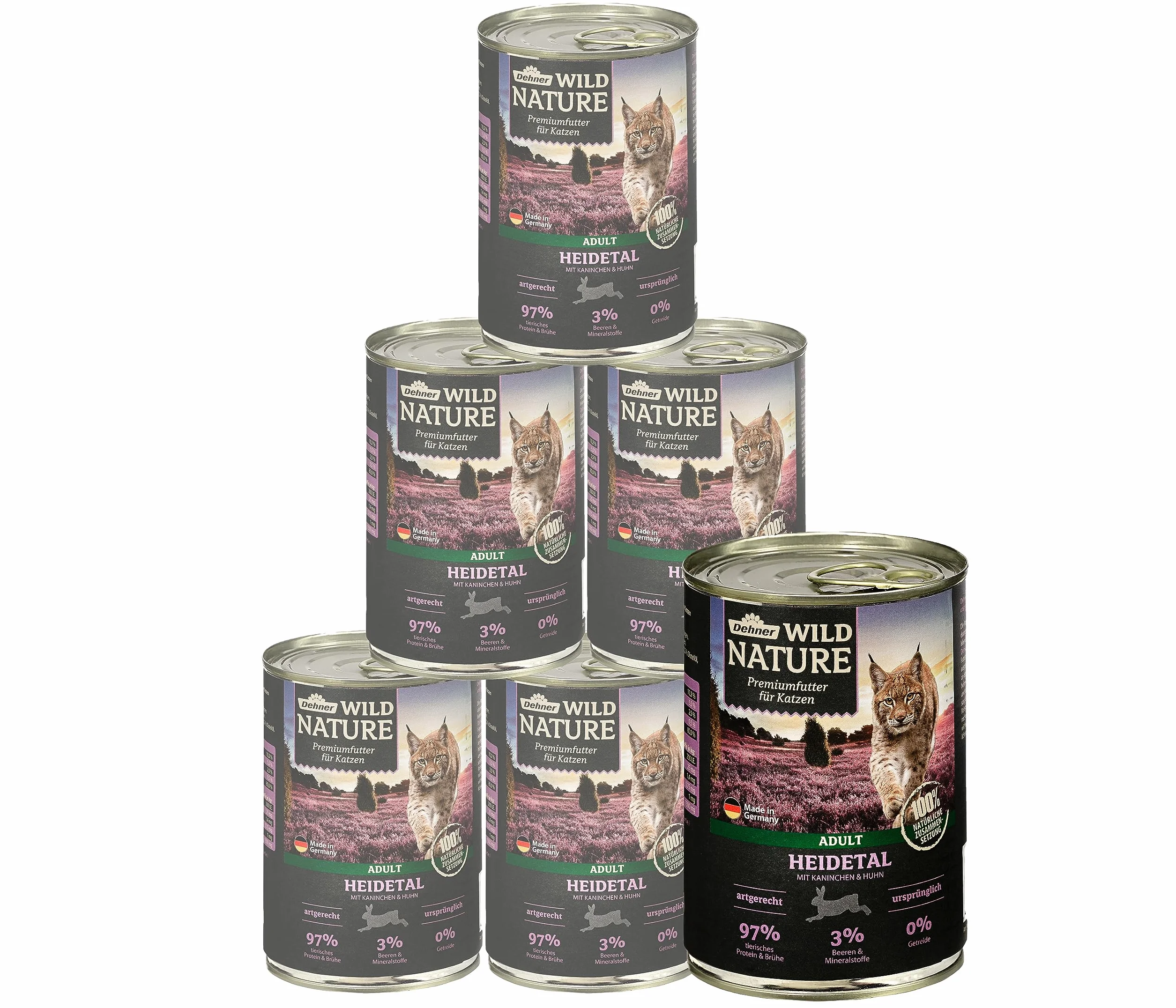 Dehner Wild Nature karma dla kotów Heidetal, mokra karma bez zbóż/bez cukru, dla dorosłych kotów, królików/kurczaków, puszka 6 x 400 g (2,4 kg)