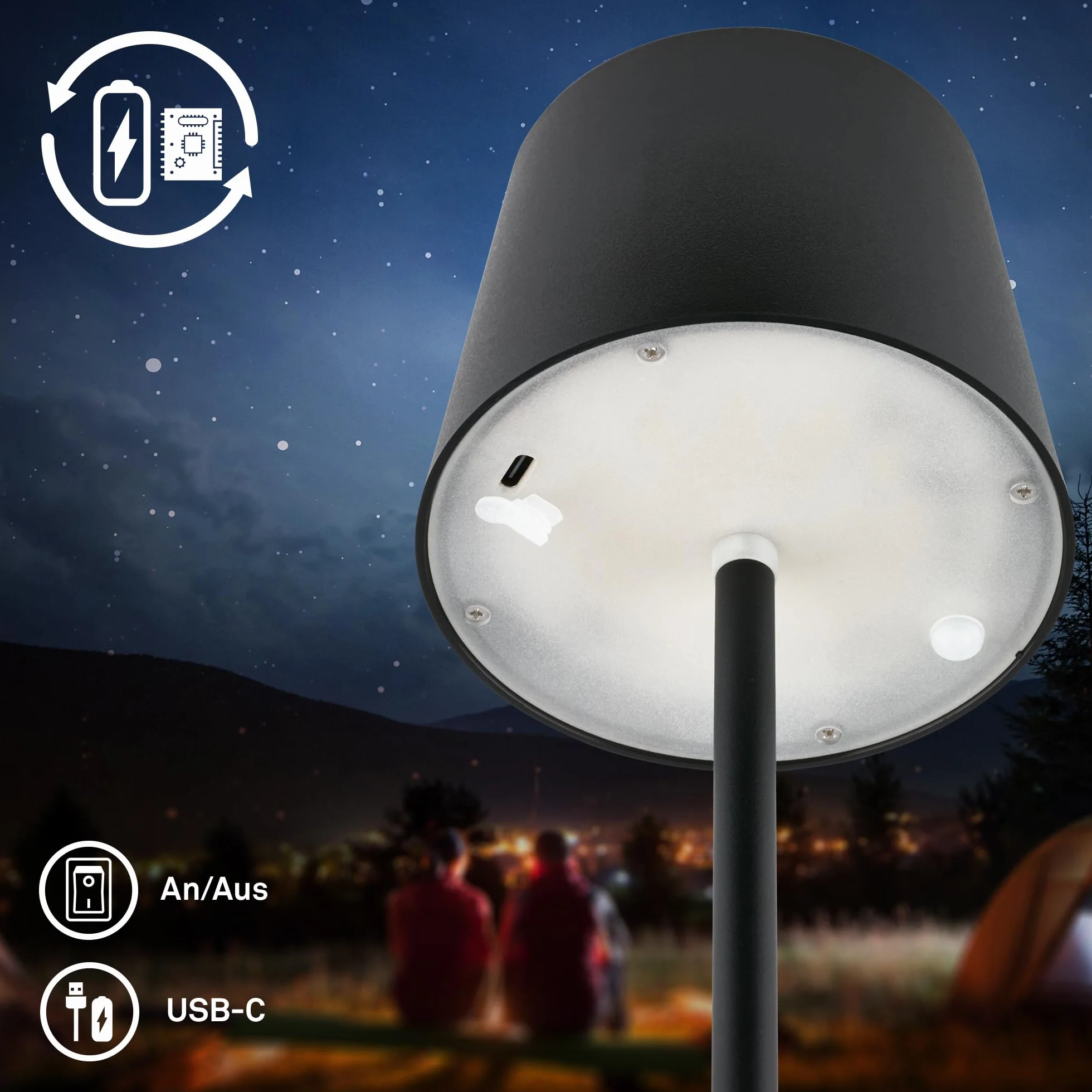 BRILONER – Lampa stołowa LED bezprzewodowa IP44 | Dotykowa, ściemniana, akumulatorowa z wymiennym źródłem światła | Lampka nocna, lampa LED, kempingowa | 11x34,5 cm | Czarny