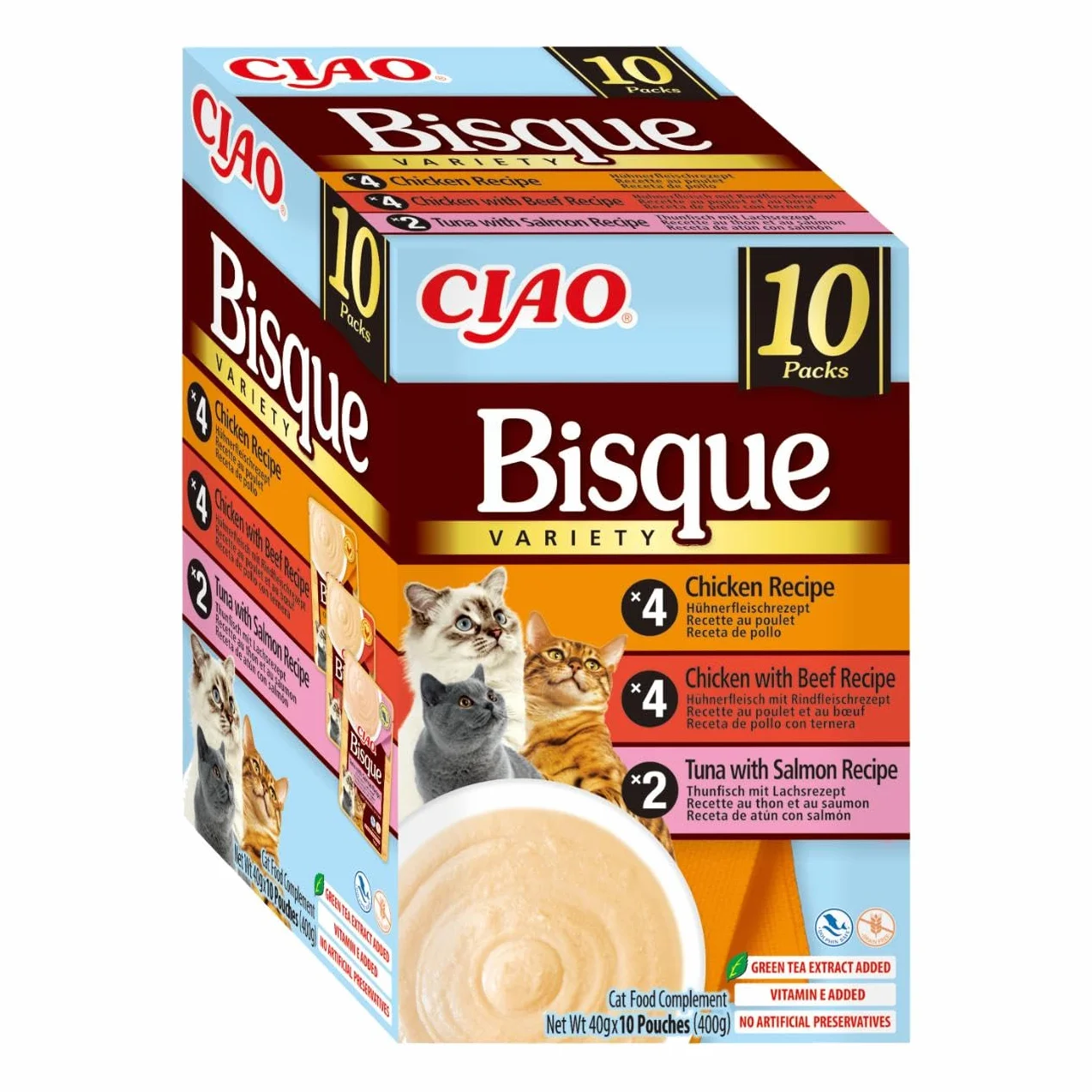 INABA CIAO Bisque z kurczaka i tuńczyka z łososiem, mokra karma dla kotów - pyszny krem - 10 worków x 40 g - uzupełniająca karma dla kotów bez konserwantów i sztucznych barwników, bez ziarna