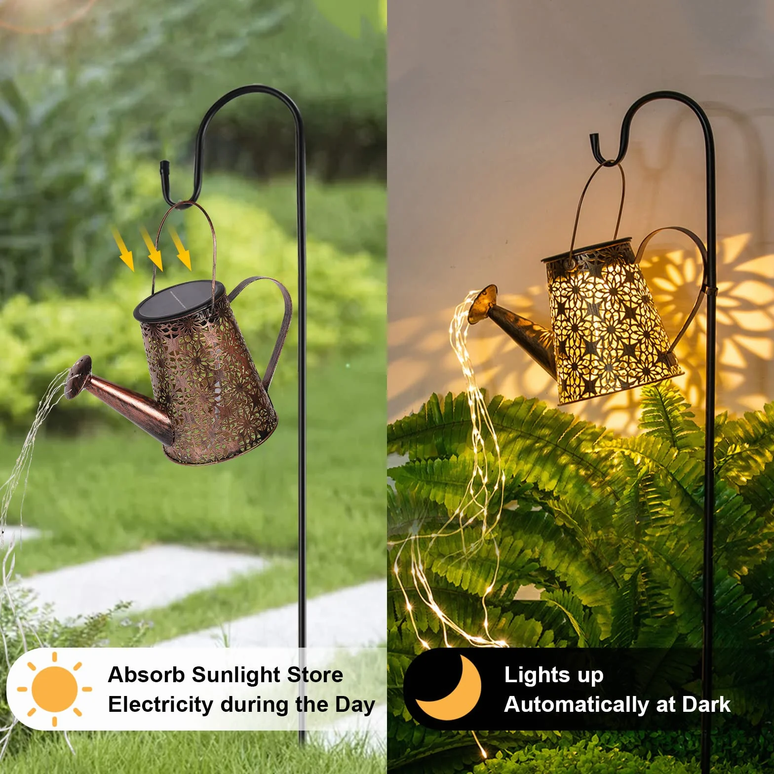 GuKKK Solarna konewka z łańcuchem świetlnym, zewnętrzna lampa solarna LED, IP65, z haczykiem, oświetlenie ogrodowe imitujące podlewanie, do ścieżki ogrodowej na dziedzińcu balkonowym, gwiazda