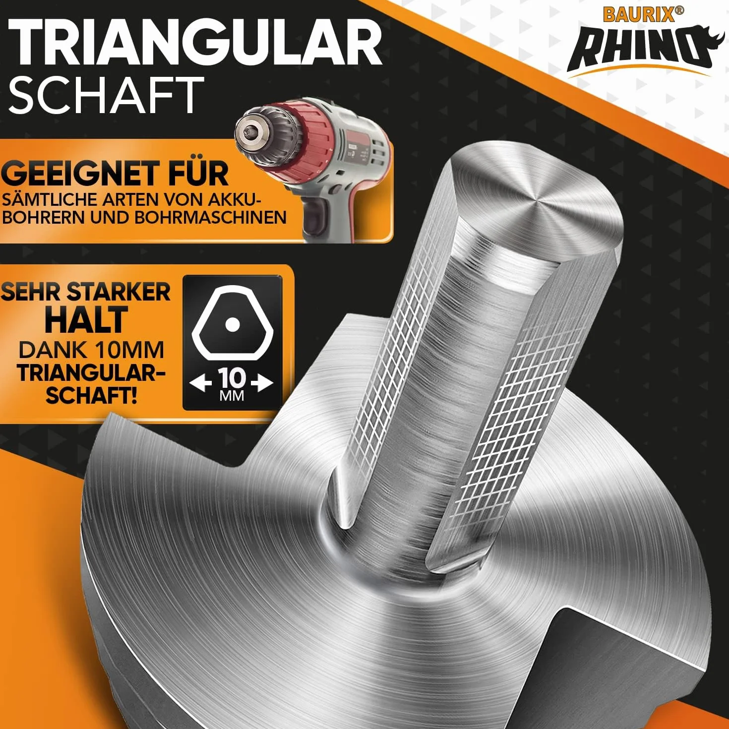 BAURIX® Wiertło stopniowe HSS RHINO® [Ø 5-35mm] - 10 mm trzonek trójkątny - Tokarka do metalu, drewna i tworzyw sztucznych (nie do stali nierdzewnej) - 13-stopniowe wiertło - Stożkowa końcówka