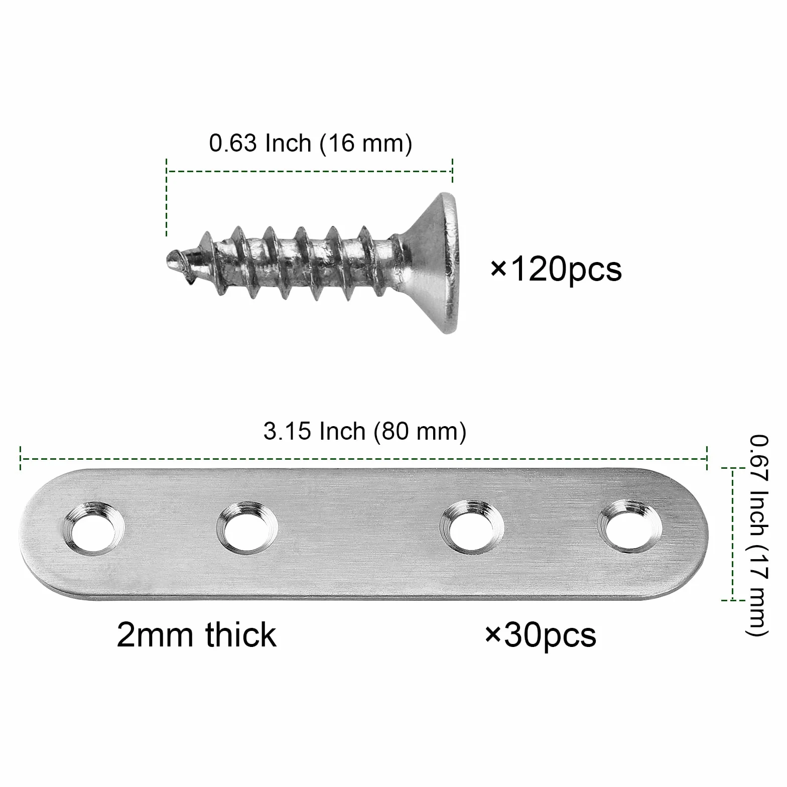 30 szt. płaskich łączników 80 x 17 mm, płytki perforowane ze stali nierdzewnej, płaskie wsporniki narożne, płyta łącząca, 4 otwory, łączniki do drewna z 120 śrubami, metalowe łączniki do