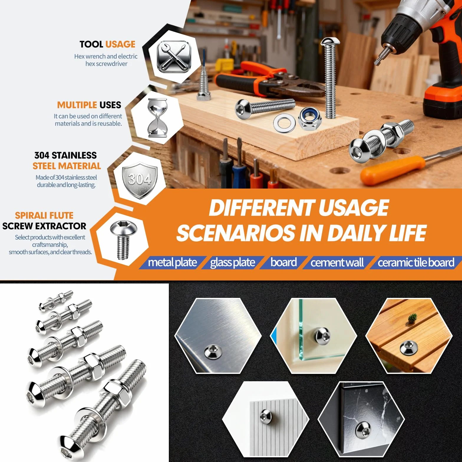 Śruby z łbem soczewkowym M5 x 50 mm, 60 sztuk, ze stali nierdzewnej, z łbem sześciokątnym, z nakrętkami zabezpieczającymi, podkładkami, śrubami gwintowanymi, śruby maszynowe do zabudowy mebli
