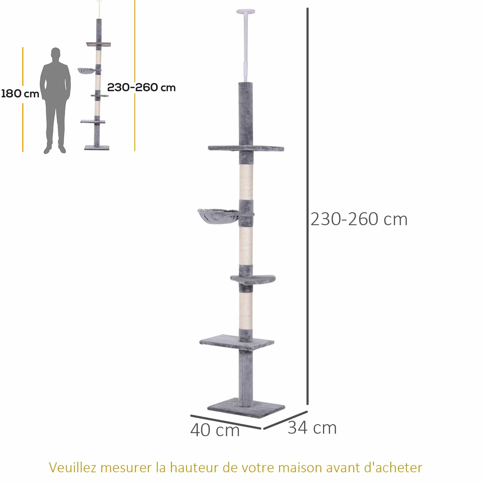Pawhut Drapak Drapak dł.40 x szer. 34 x wys. 230-260 cm 5 poziomów aktywności Szary