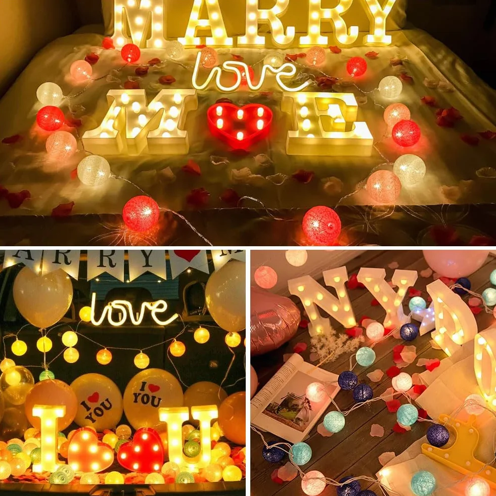 HOTUT Łańcuch świetlny z kulek bawełnianych, 3,3 m USB String Lights w kształcie kulek, łańcuch świetlny 20 LED z bawełnianymi kulkami do pokoju dziecięcego, wesele, imprezę, wystrój