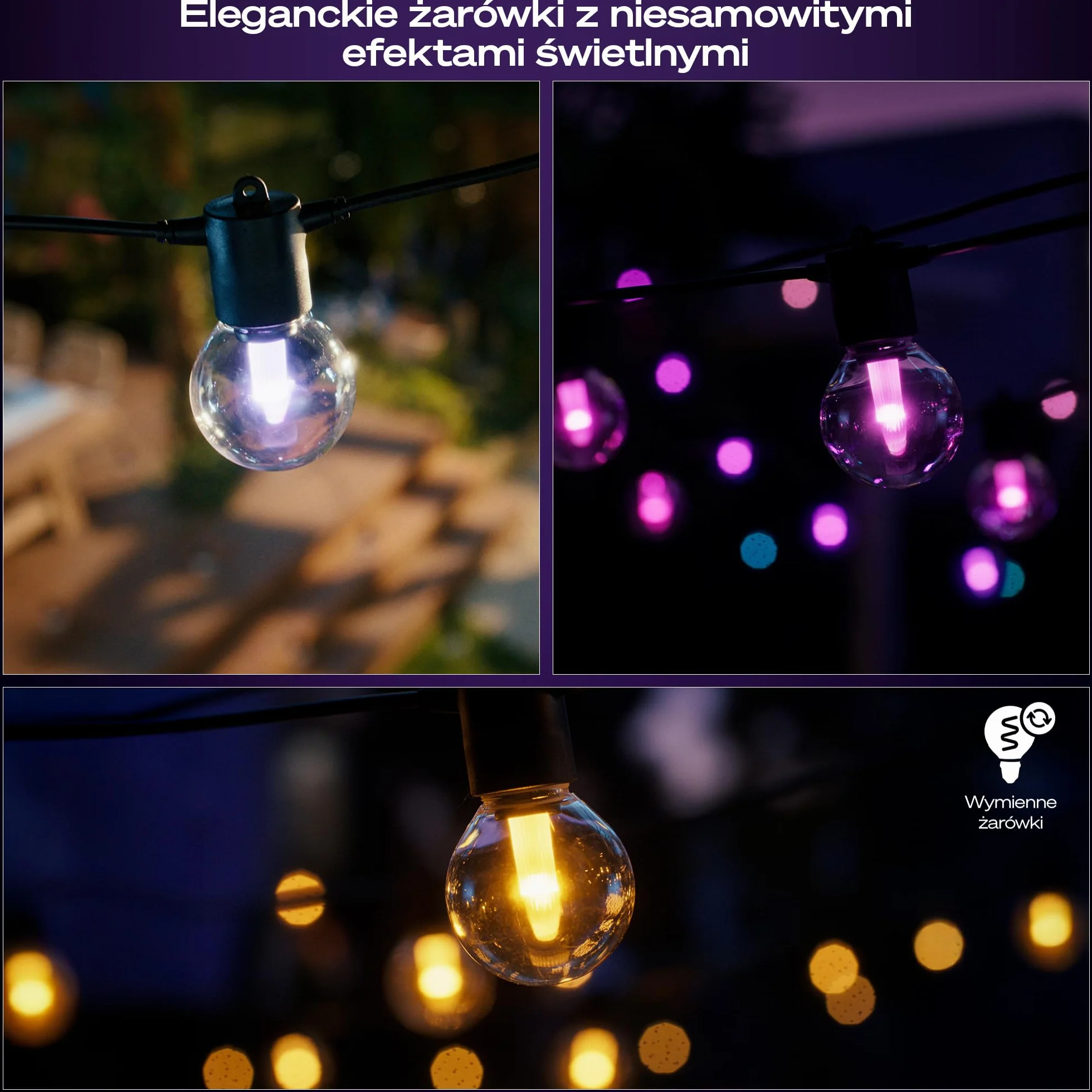Philips Hue Festavia Globe Oświetlenie Na Zewnątrz, Biała i Kolorowa Atmosfera, 7 M, 10 Żarówek, Ściemniane, Sterowanie za pomocą Aplikacji Hue, Współpracuje z Alexa, Google Assistant i Apple Home