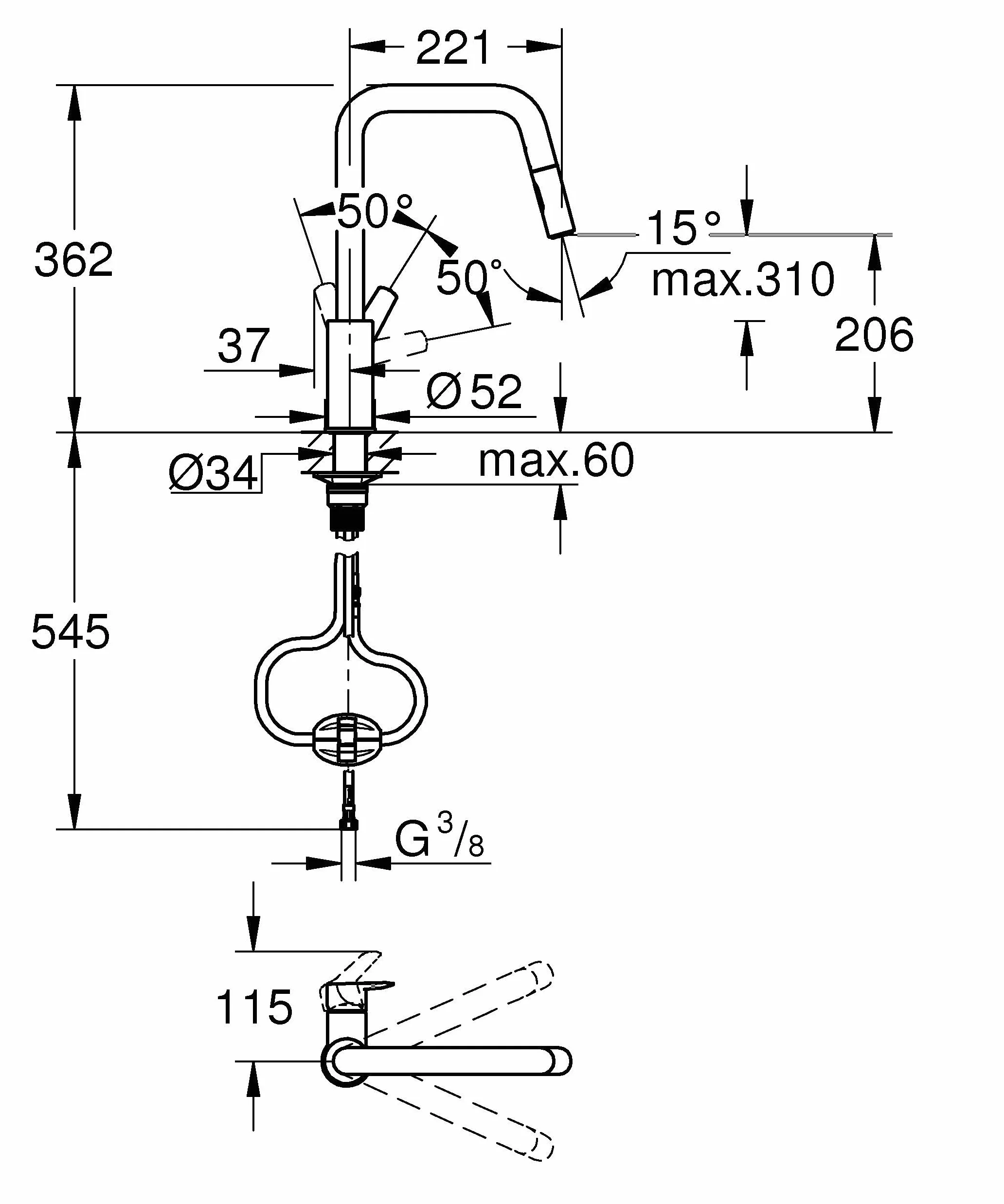 GROHE Start QuickFix – wyciągana bateria kuchenna z podwójnym natryskiem (wysoka wylewka U, obszar obrotu 360°, wkład ceramiczny 28 mm, ogony 3/8 cala), łatwy montaż dzięki GROHE QuickMount, czarny