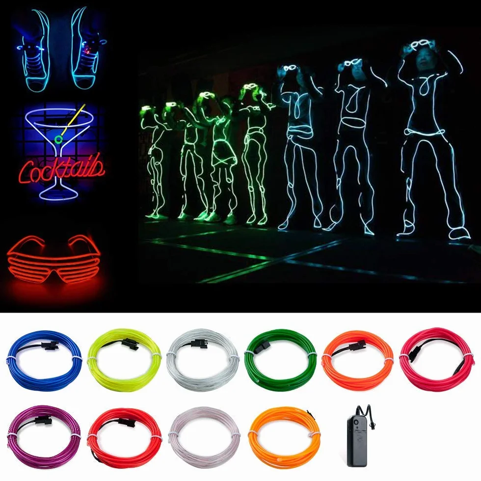 Neonowa świecąca lampa elektroluminescencyjna, super jasna, zasilana bateriami, kabel EL, do sukienki cosplay, na festiwal, Halloween, Boże Narodzenie, imprezę, karnawał, dekoracja