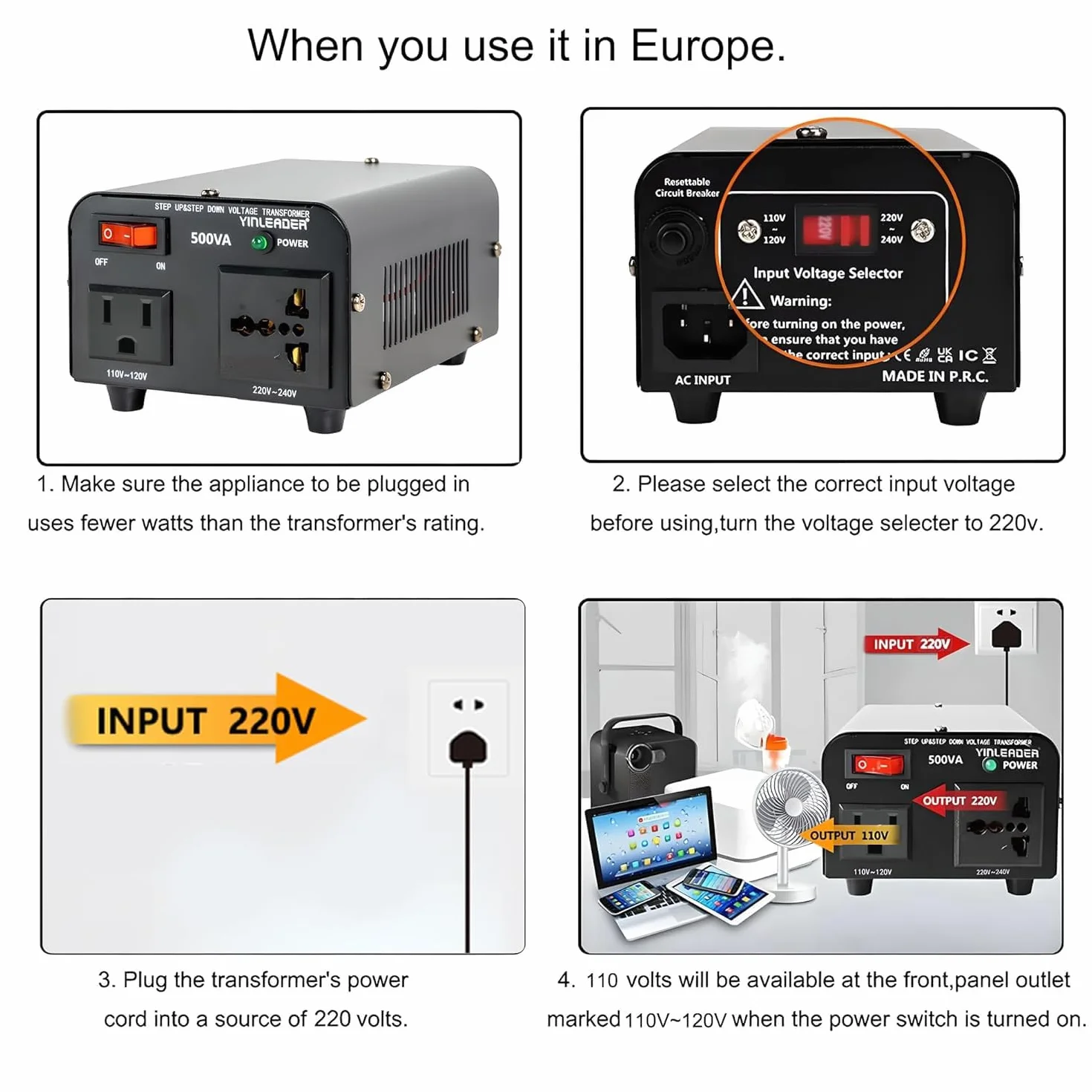 Yinleader Amerykański przetwornica napięcia 500 W, 230 V, 110 V, 500 VA, wejście: 110 V lub 220 V / Wyjście: 110 V i 220 V