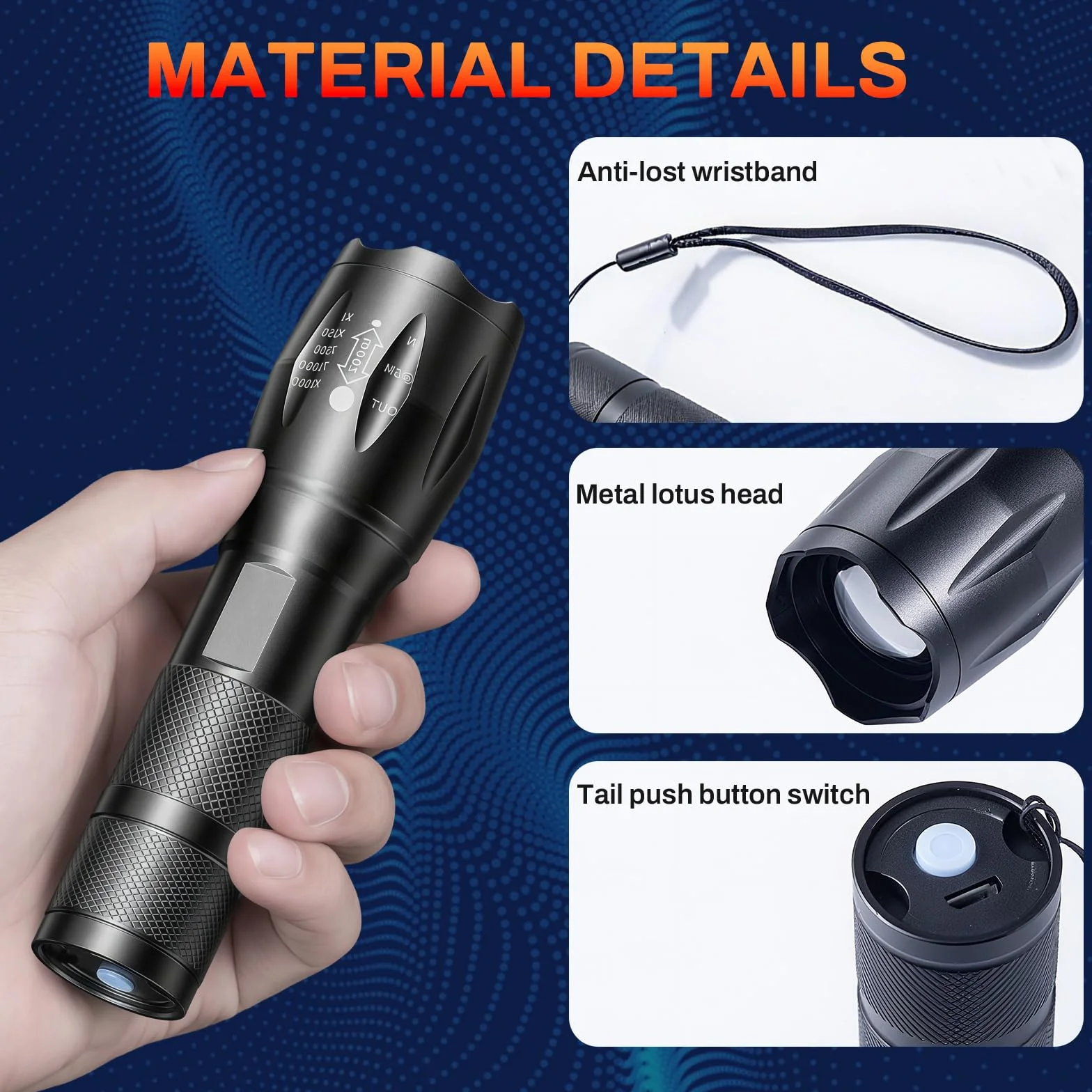 Latarka LED 4 w 1 Akumulatorowa Zoomable Wodoodporna Biała Czerwona Żółta Pomarańczowa