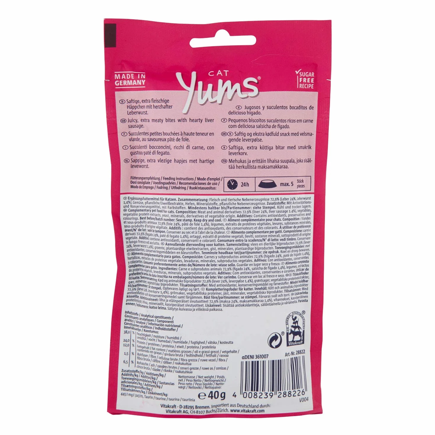 Vitakraft Cat Yums, przekąska dla kota z serdeczną kiełbasą wątrobową, ekstra mięsista, z widocznym wypełnieniem, w zamykanym woreczku, bez dodatku cukru i zbóż (1 x 40 g)