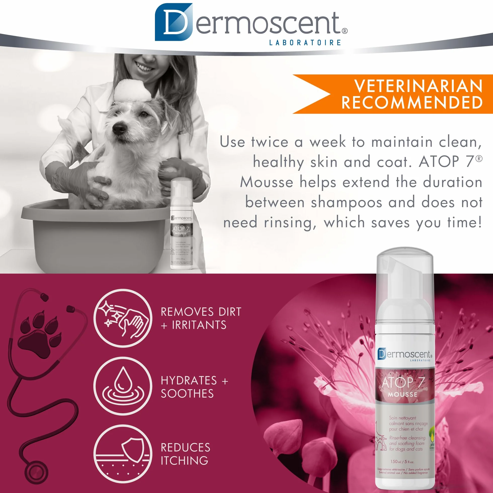 Dermoscent Atop 7 Mousse Suchy Szampon dla Zwierząt, 150 ml