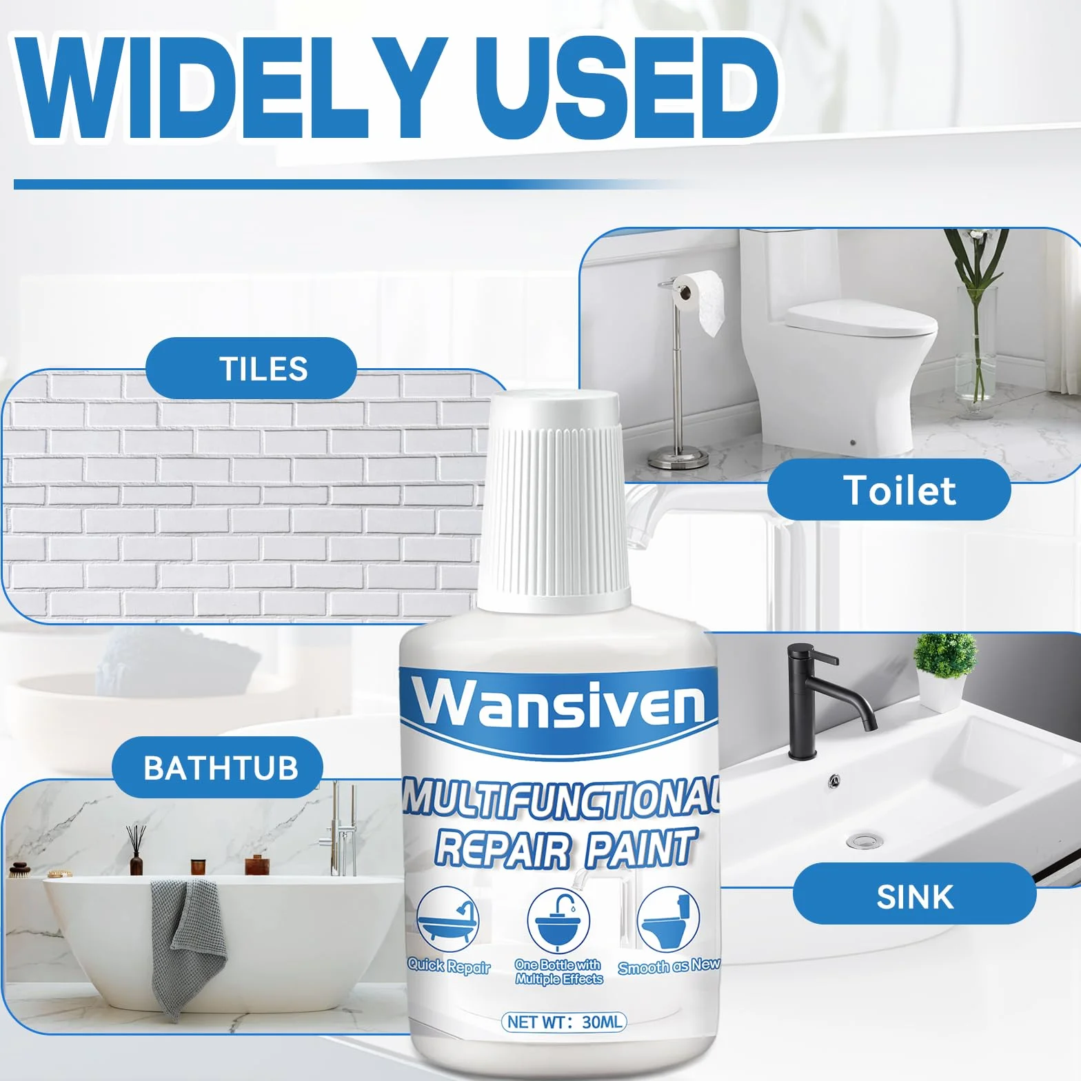 Wansiven Tile Repair Paint, emaliowany pisak do poprawek 30 ml, łatwo i szybko schnący błyszczący lakier, odpowiedni do kuchni, łazienki, lodówki, prysznica, zlewu (biały)