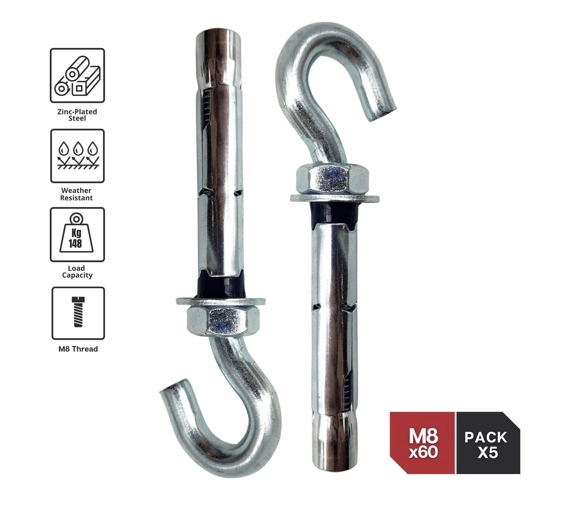 DOJA Industrial | Metalowe kołki rozporowe z hakiem| M8-60 | PACK 5 | Kołki betonowe, ściana, blachy | Kołki ścienne, śruby ekspansywne, śruby kotwiące, zabezpieczone przed manipulacją
