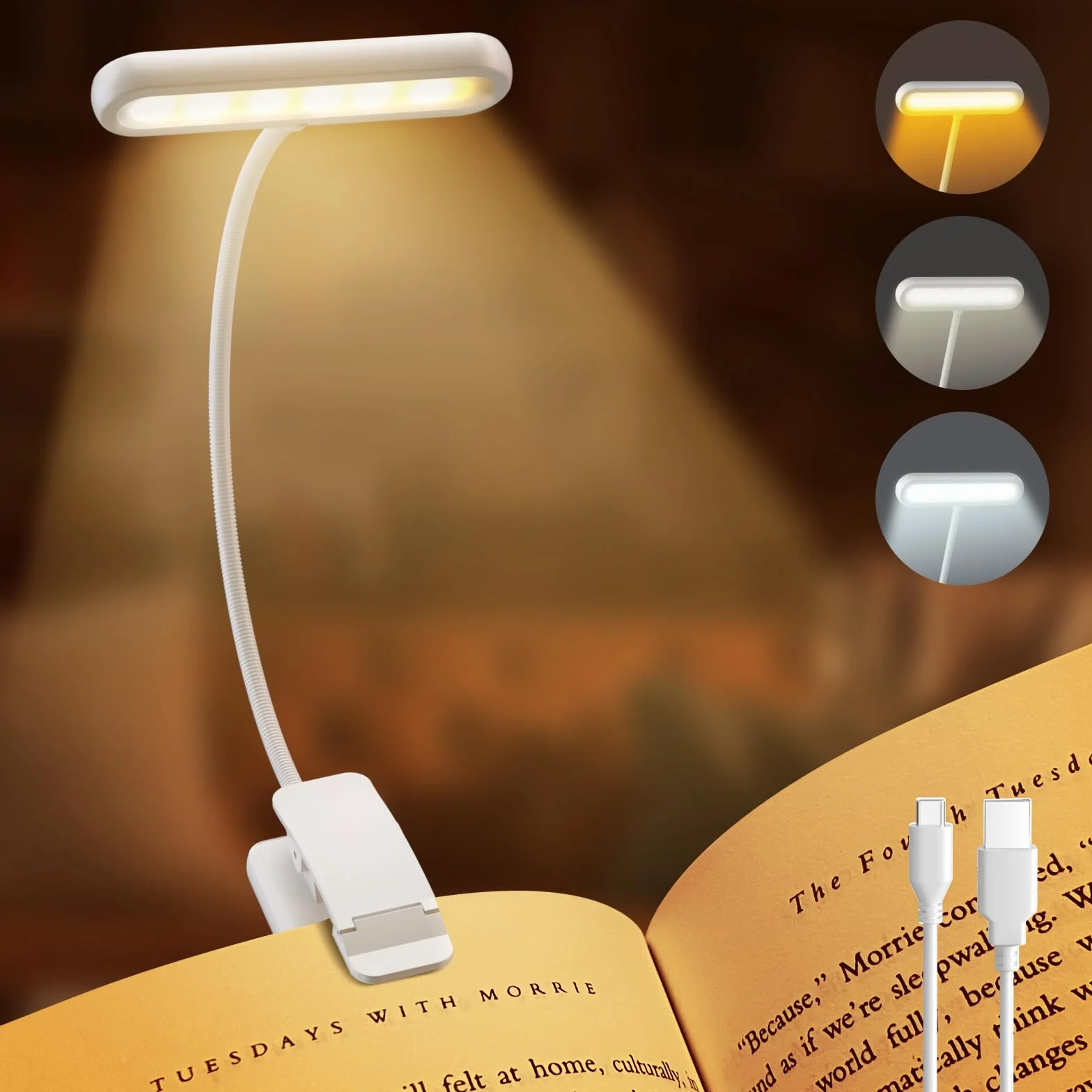 iFalarila 1 Pack Lampka do czytania książek, zacisk, szeroka osłona światła, ładowana przez USB C, lampka do książek z 3 kolorami i 10 poziomami jasności z możliwością ściemniania, elastyczna łabędzia