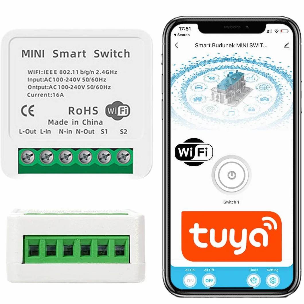MINI PRZEKAŹNIK WIFI TUYA WŁĄCZNIK DOPUSZKOWY STEROWNIK ŚWIATŁA 16A 3680W