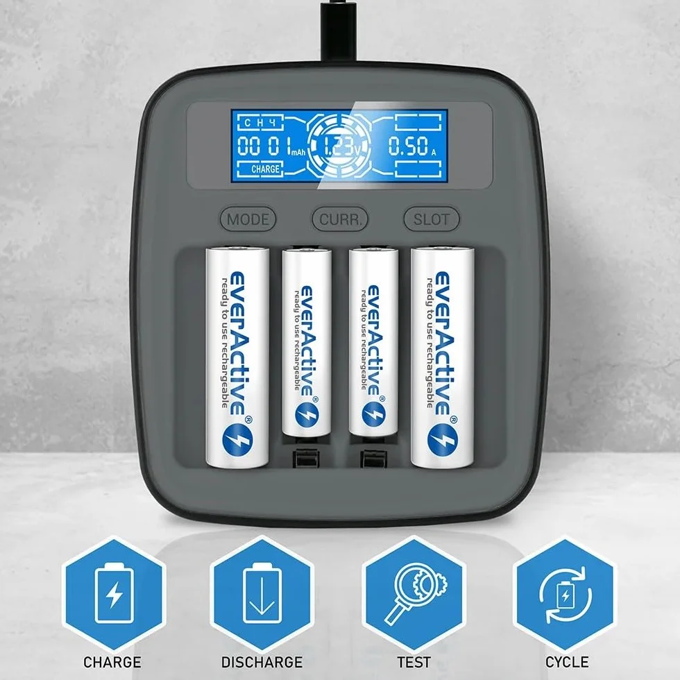 Inteligentna ładowarka do akumulatorów AAA/AA Ni-MH/Ni-Cd, LCD, USB-C, 4 sloty, tryby ładowania/rozładowania/testowania