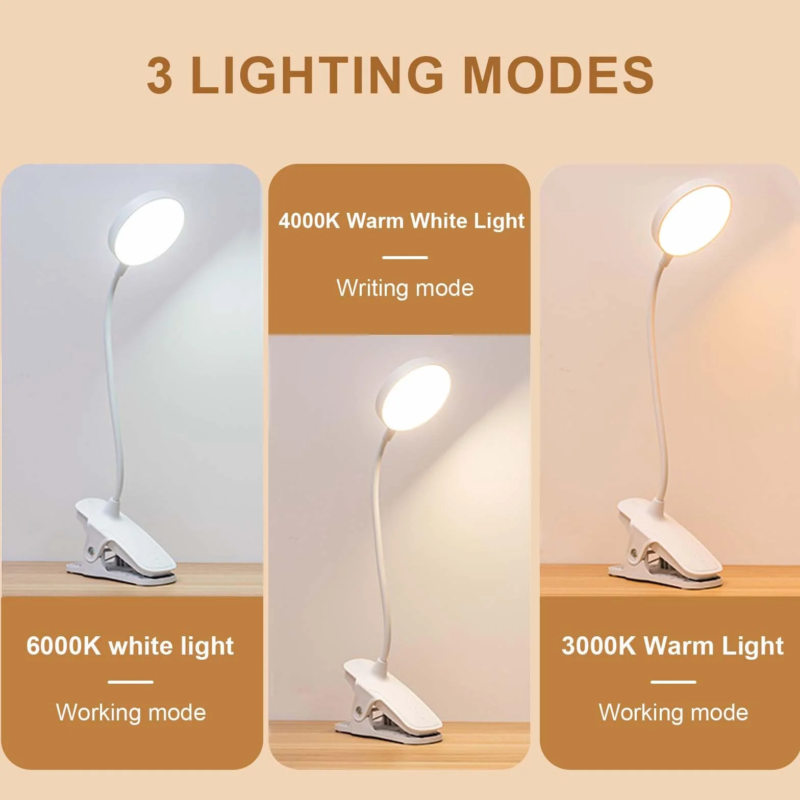 Lampa LED USB z klipsem dotykowym, 3 tryby oświetlenia, regulowana jasność, ochrona oczu, do biura, czytania, dla studentów, do akademika