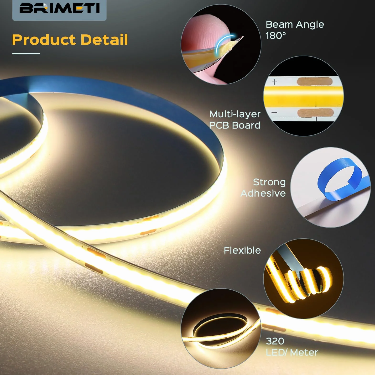 USB 5V COB Taśma LED 2M Zimna Biel 6000K Sciemniana Elastyczna Samoprzylepna 320LEDs/M Swiatła TV LED Paski CRI90+ Podłogowa Kuchnia Domu TV Lustra Podłogowa