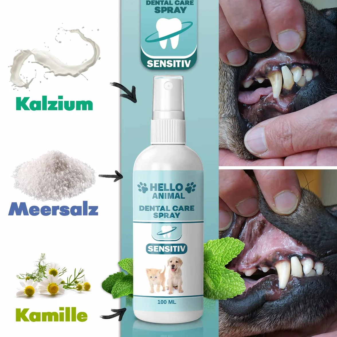 HelloAnimal® Dental Spray Extra Sensitive dla psów i kotów – spray dentystyczny z łagodną formułą na nieświeży oddech – środek do usuwania kamienia nazębnego również do szczelin – czyszczenie zębów i