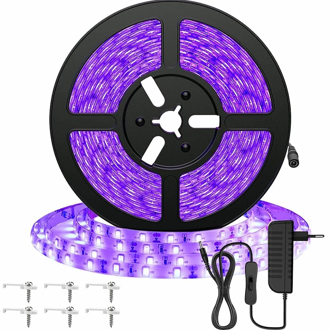 Eleganted Taśma LED UV 5 m, czarne światło, z zasilaczem, 12 V, elastyczna taśma 300 diod LED, samoprzylepna, 2835, listwa świetlna UV, na imprezę, do baru, neonowego koloru, klubu, dyskoteki,
