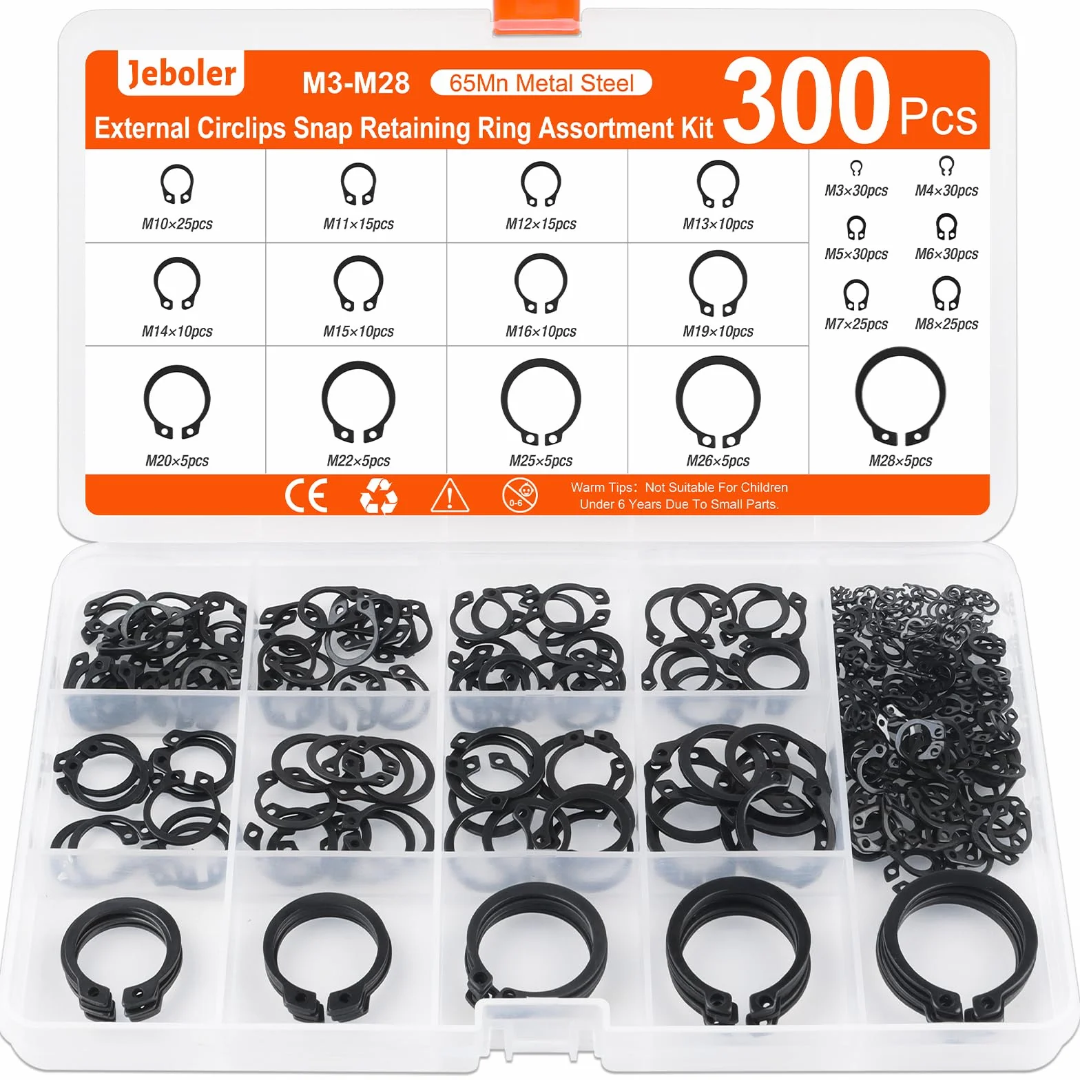 Zestaw 300 pierścieni zabezpieczających, Ø 3-28 mm, klipsy E, pierścienie osadcze, zewnętrzne klipsy C, wewnętrzne pierścienie zabezpieczające, pierścień zaciskowy, dzielone klamry, podkładki
